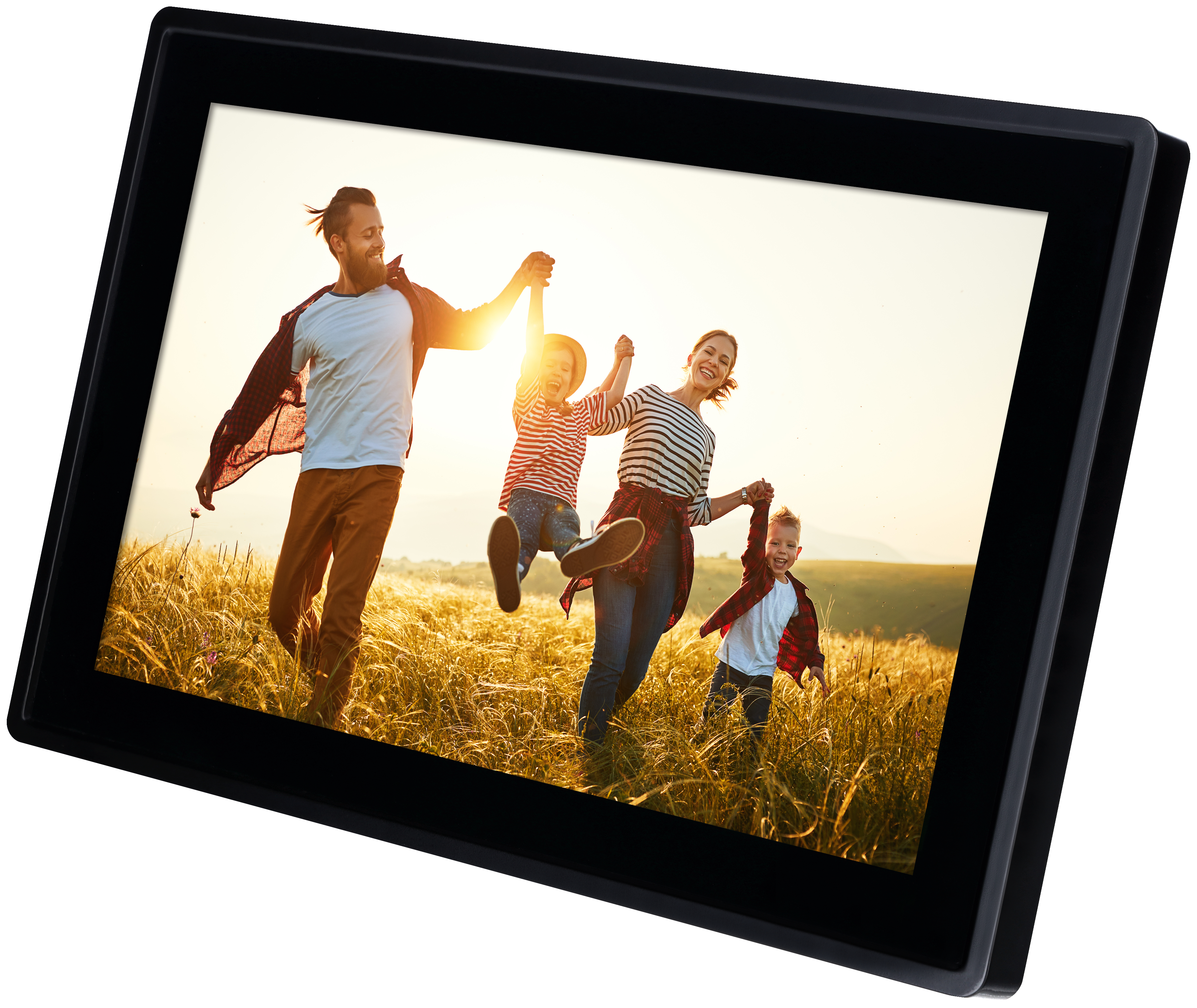 Eine vierköpfige Familie rennt händchenhaltend über ein Feld. Ein digitaler Bilderrahmen zeigt dieses Bild.