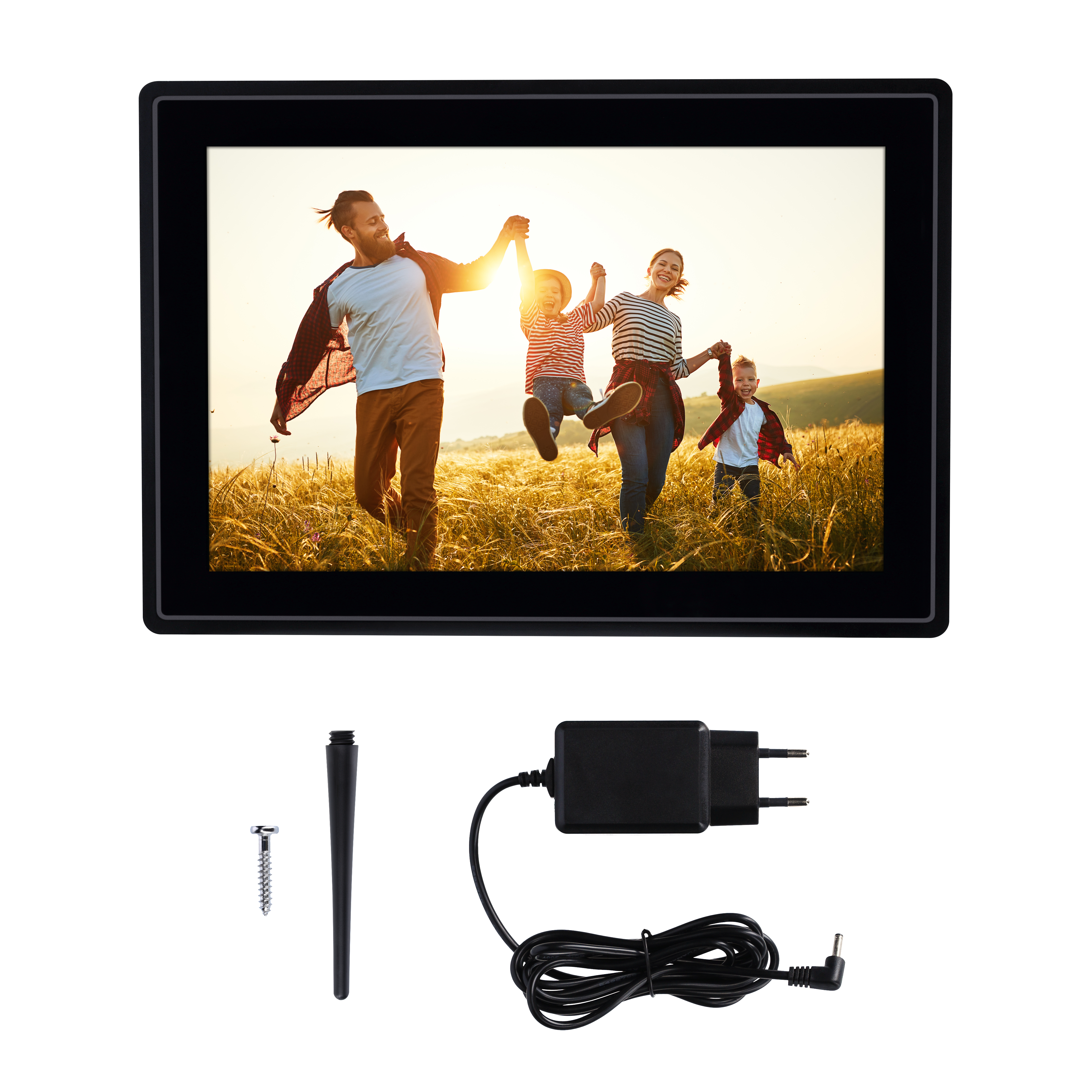 Digitaler Bilderrahmen mit Familienfoto und Zubehör wie Schraube, Stift und Netzteil.