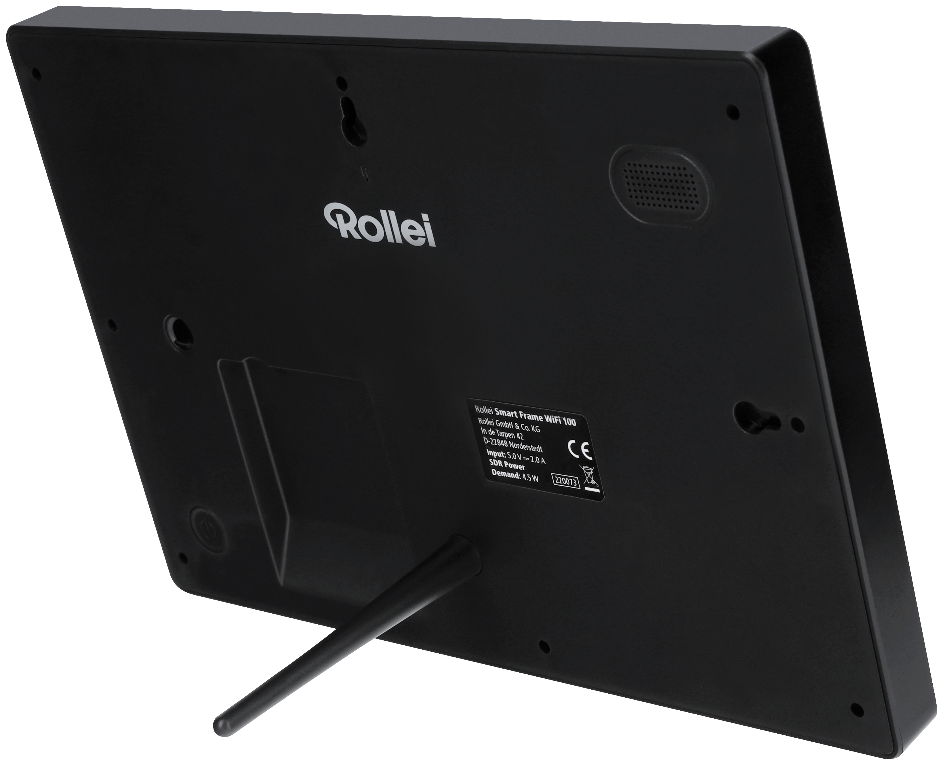 Schwarzer Rollei Smart Frame-Rücken. Er hat einen Ständer und Etiketten. Der Hintergrund ist weiß.