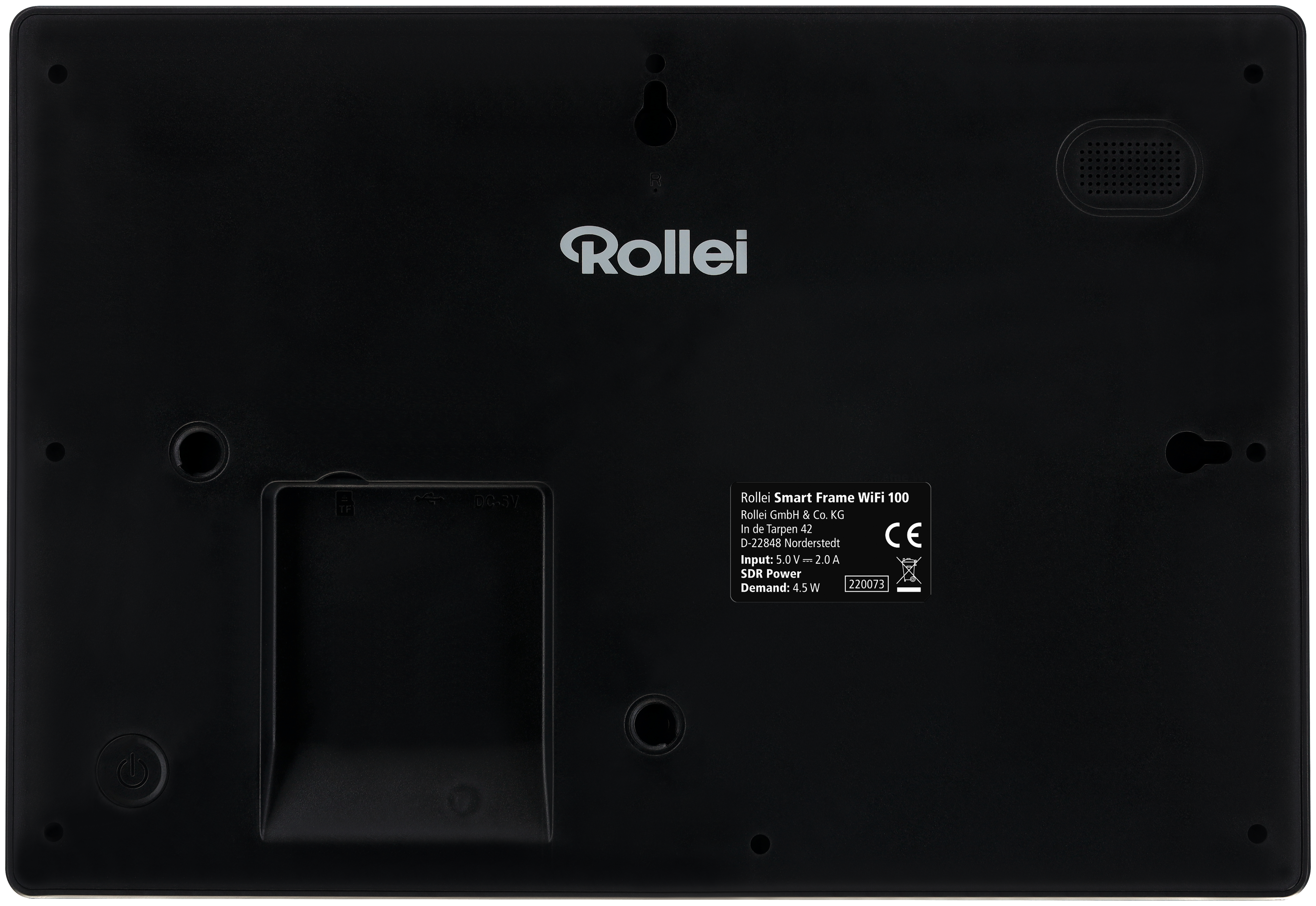 Schwarze Rückseite eines Rollei Smart Frame mit Anschlüssen, Text und Logo.