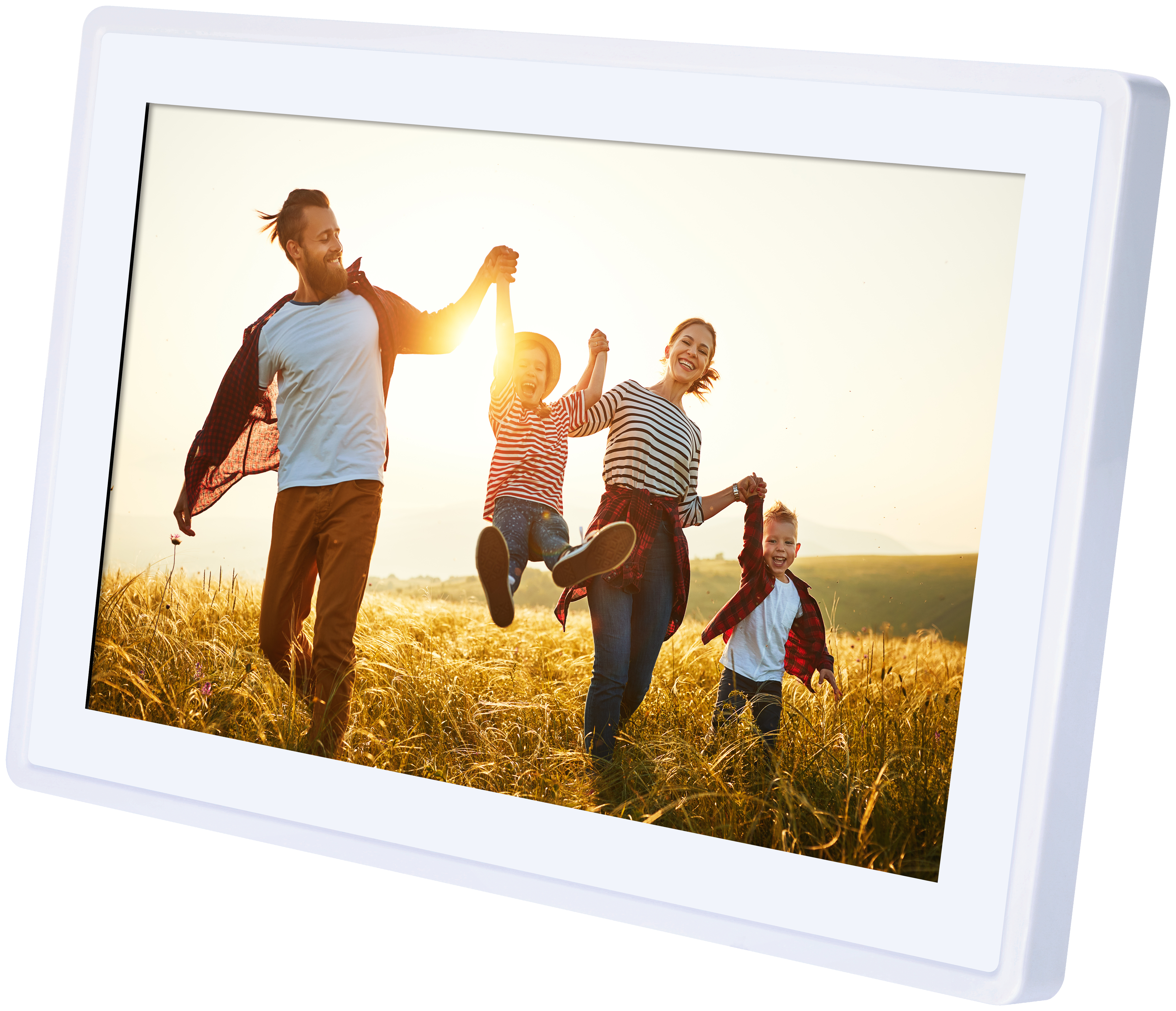 Familienfoto in einem weißen Rahmen; Eltern halten Hände mit Kindern, die auf einem Feld rennen.