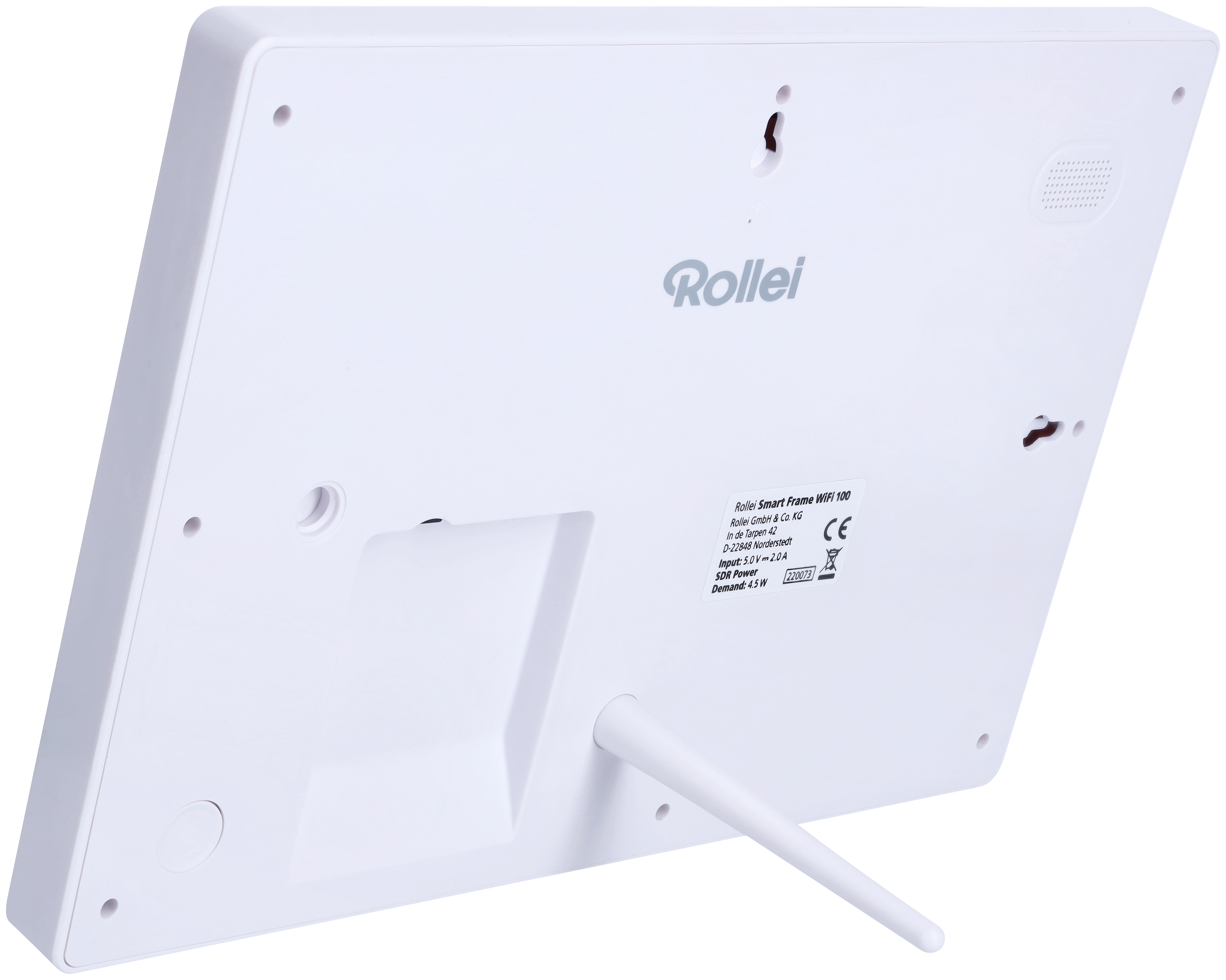 Rückseite eines Rollei Smart Frame WiFi 100, weißer Rahmen mit Ständer und Etiketten.