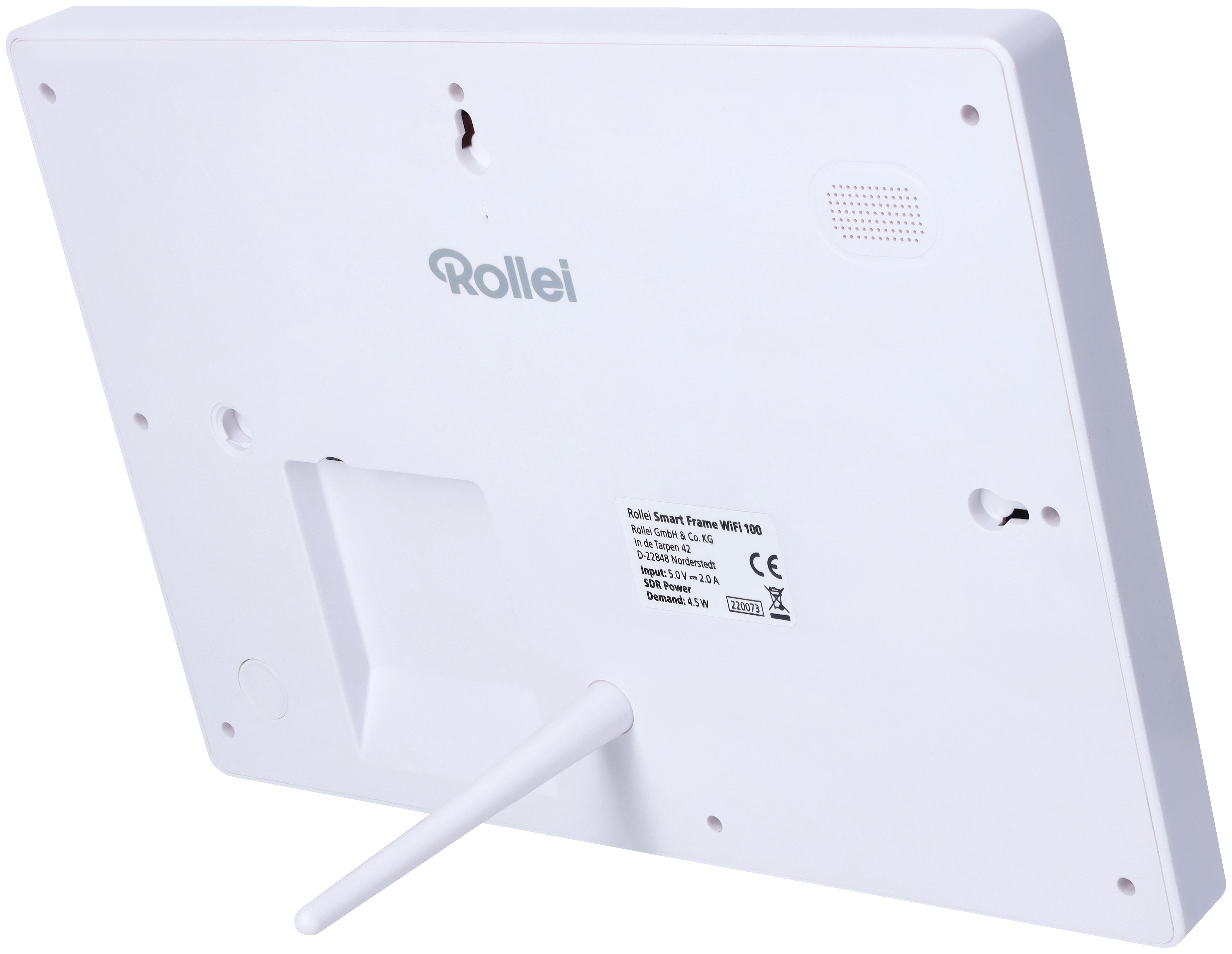 Weiße Rollei Smart Frame WiFi 100. Rückansicht, mit Ständer und Produktdetails.