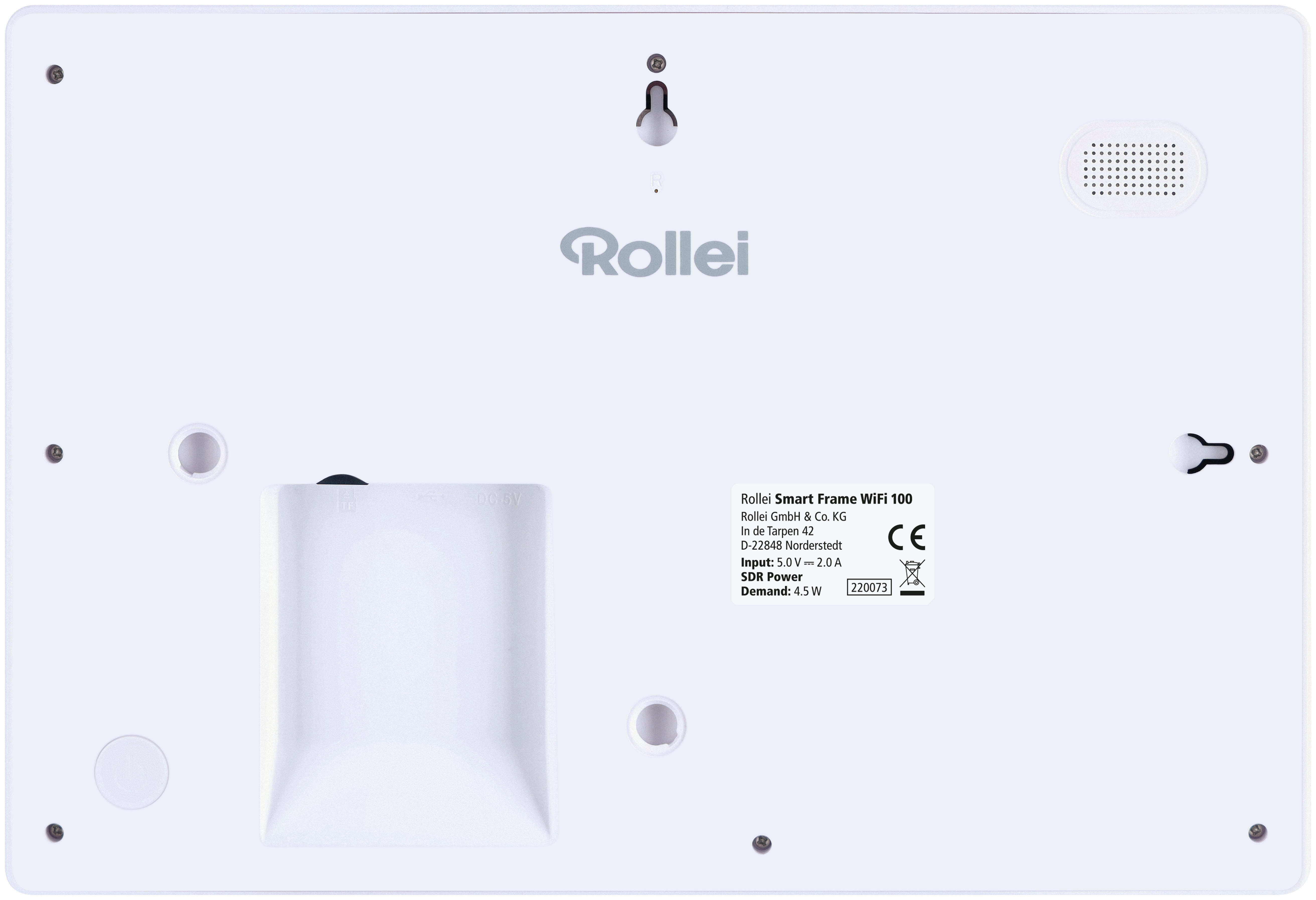 Rückseite eines weißen Smart-Rahmens mit Logo, Anschlüssen und Befestigungspunkten.