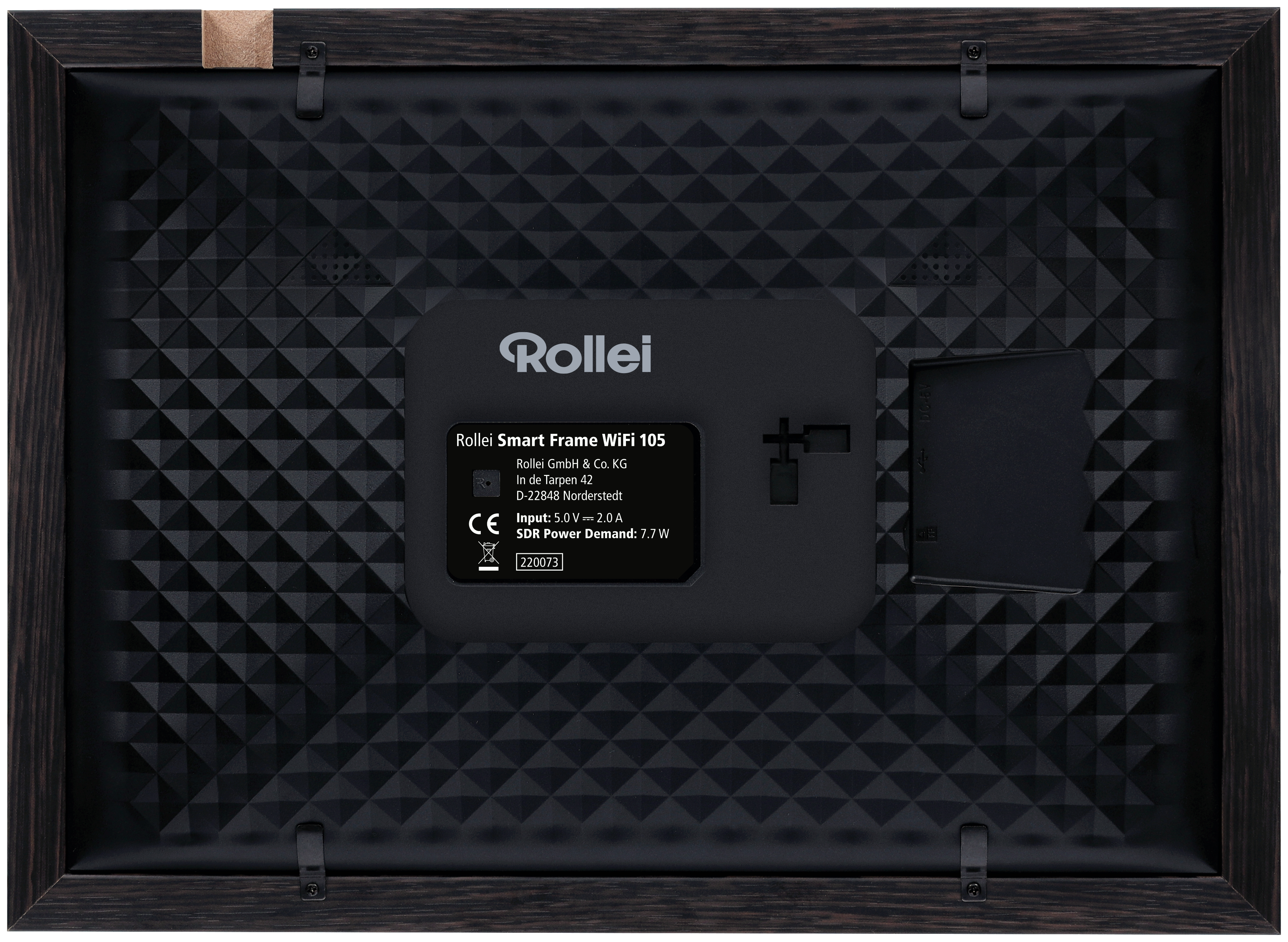 Rückseite eines schwarz-braunen Smart-Fotorahmens mit Markennamen.