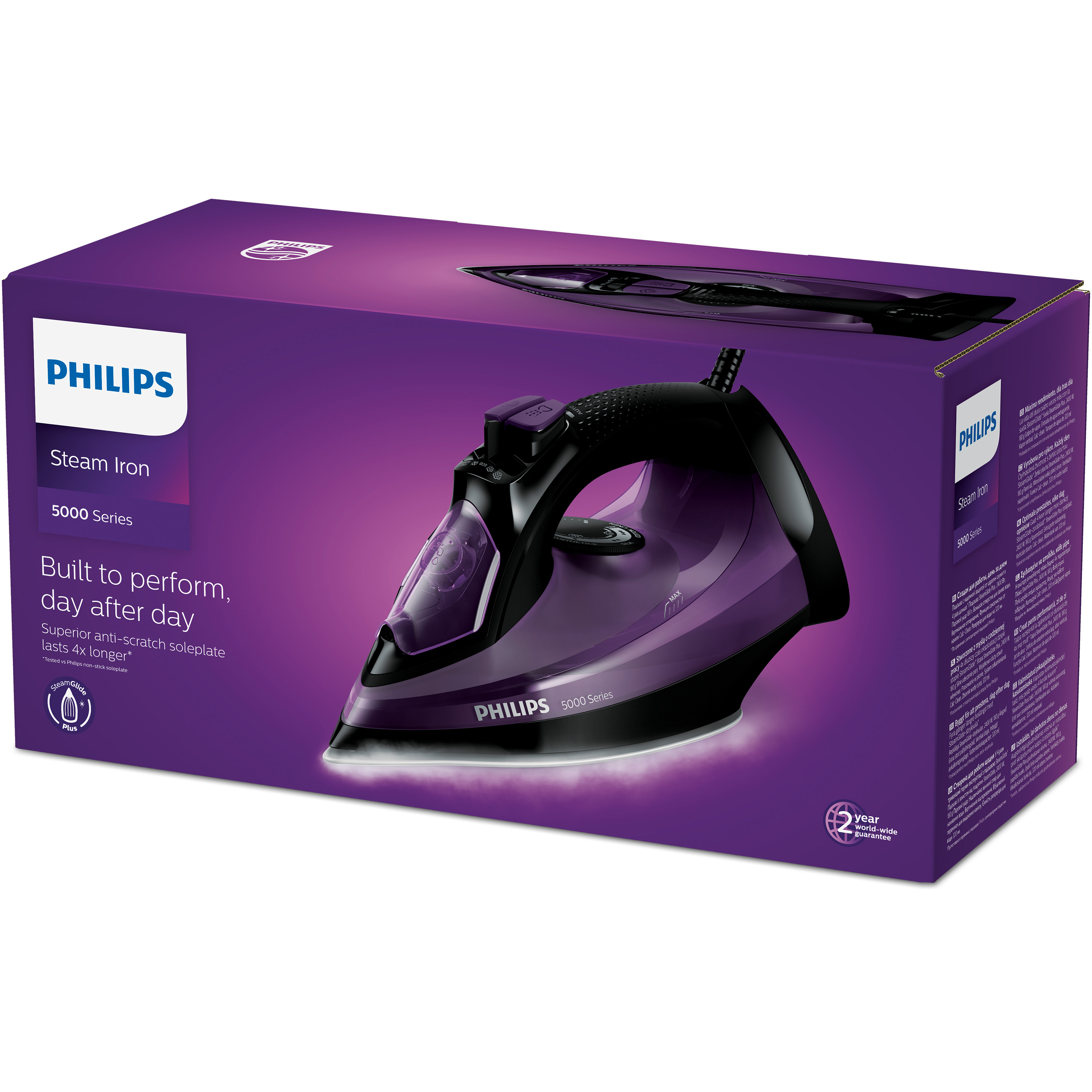 Caja con una plancha de vapor Philips. La caja es morada y muestra la plancha. La plancha es negra y morada.