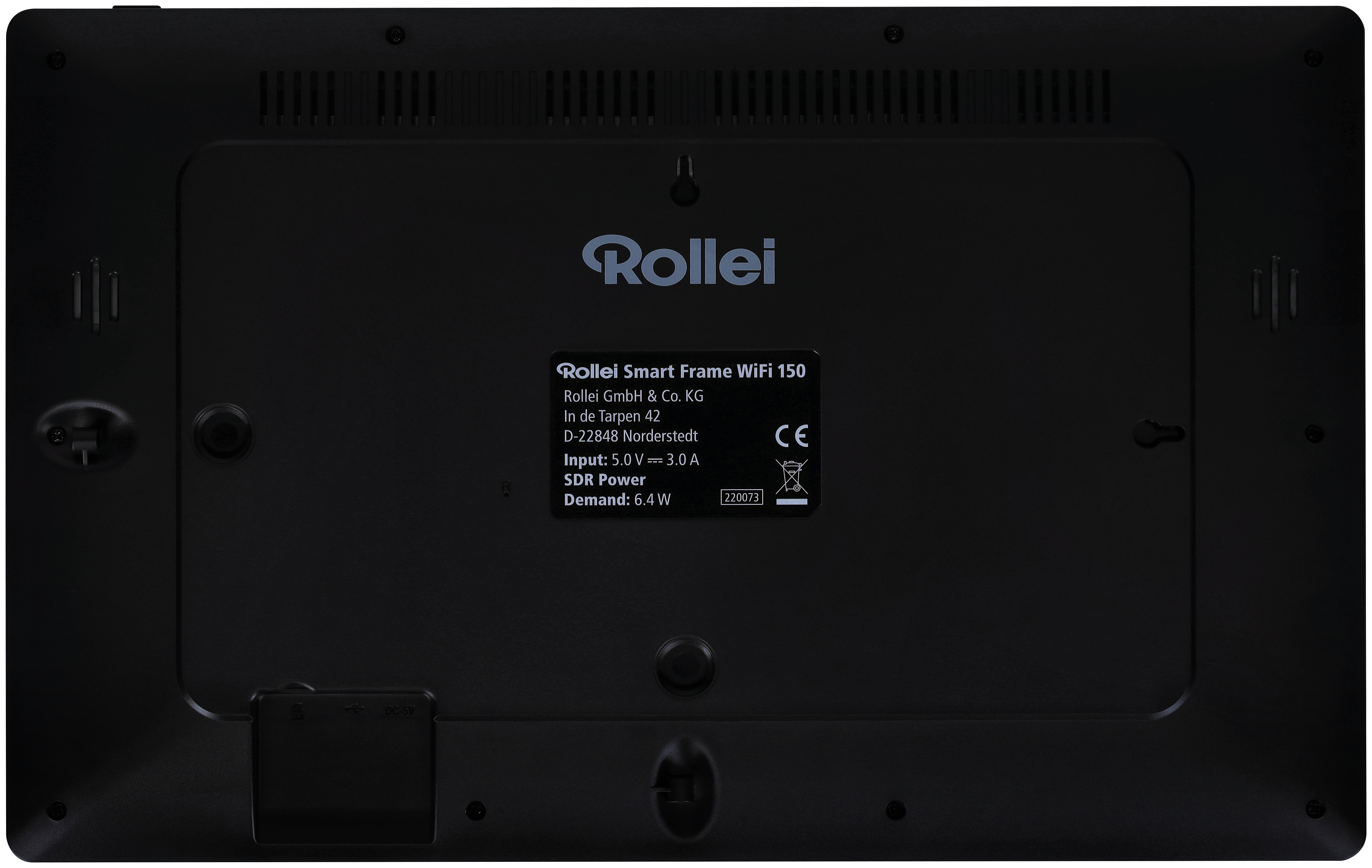 Rückseite eines schwarzen digitalen Fotorahmens. Enthält Logo, Modellinfo und technische Details.