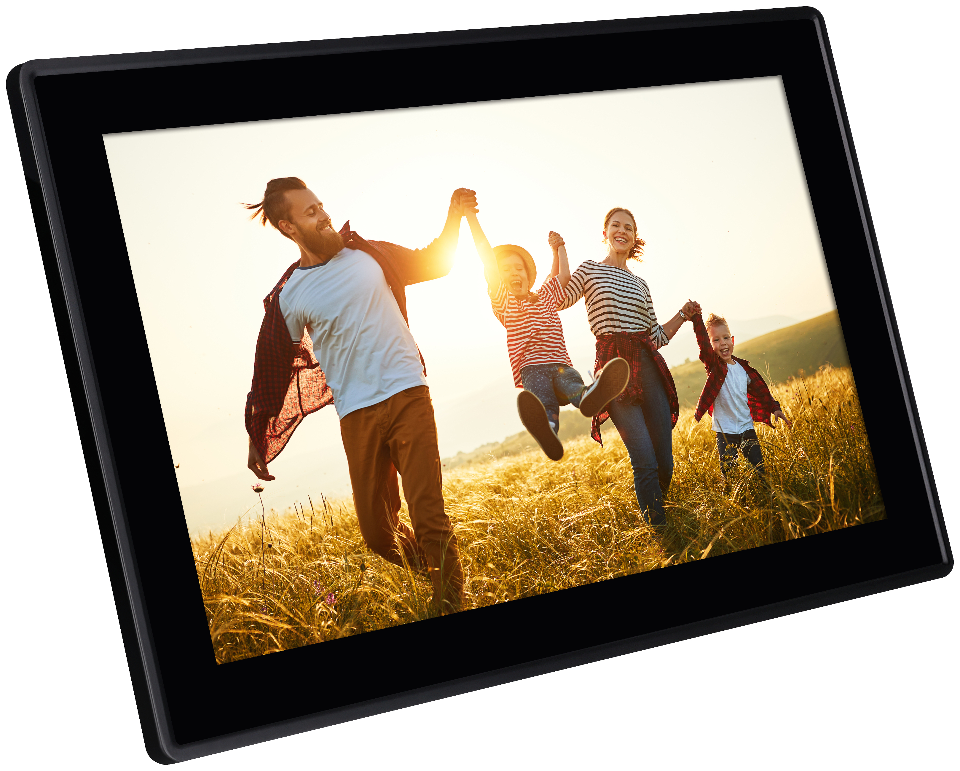 Digitaler Bilderrahmen, der eine Familie zeigt, die auf einem Feld rennt und sich an den Händen hält.