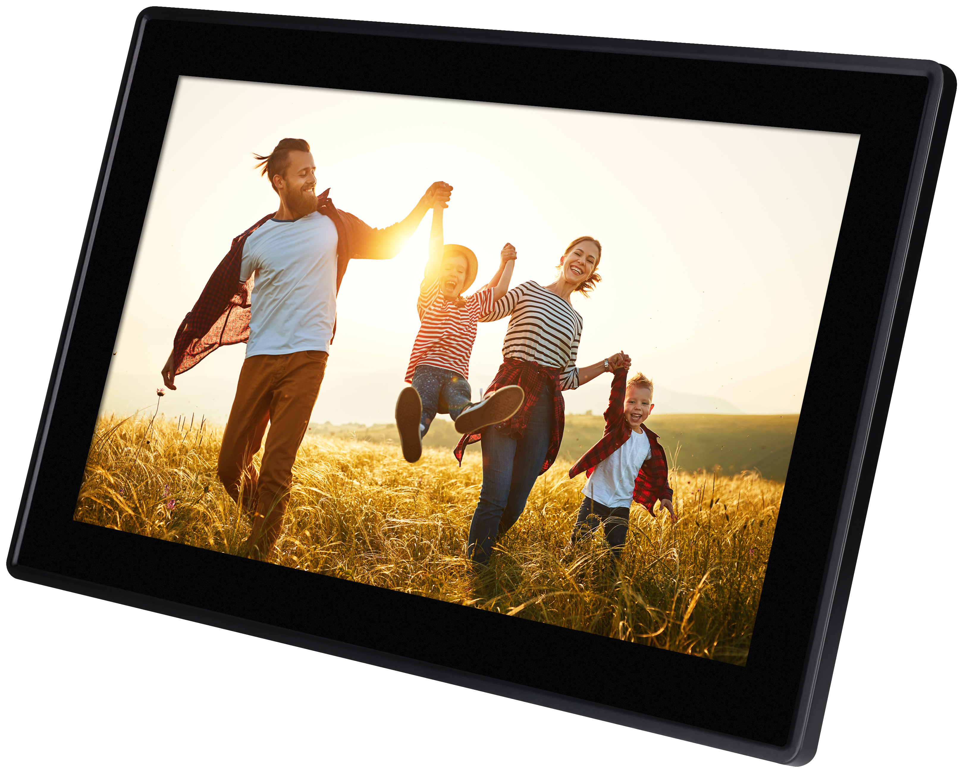 Ein digitaler Bilderrahmen mit einer Familie, die Händchen hält und durch ein Feld rennt. Der Himmel ist golden.