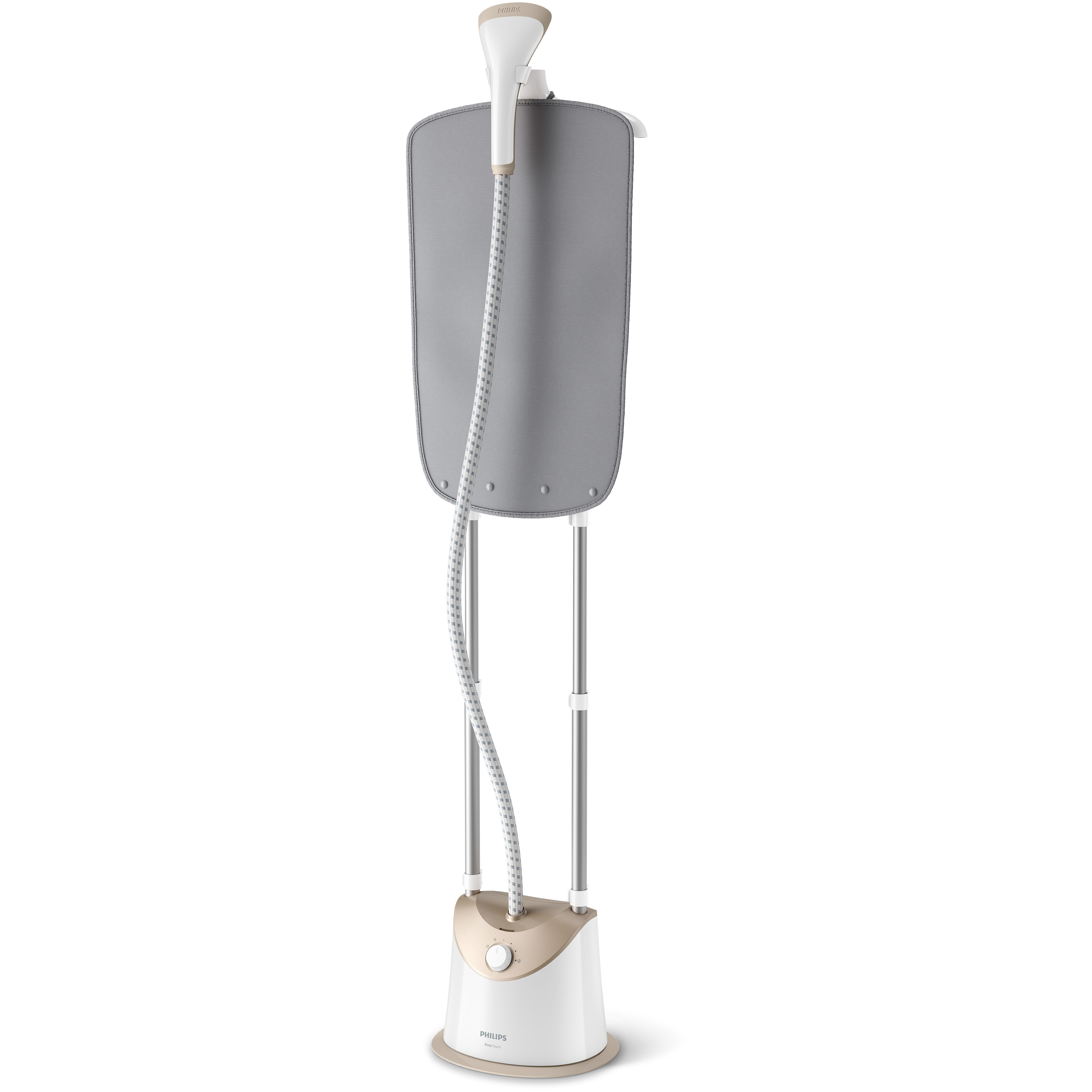 Vaporizador de ropa blanco y beige. Tiene una base, un poste de soporte y una cabeza con un escudo gris.