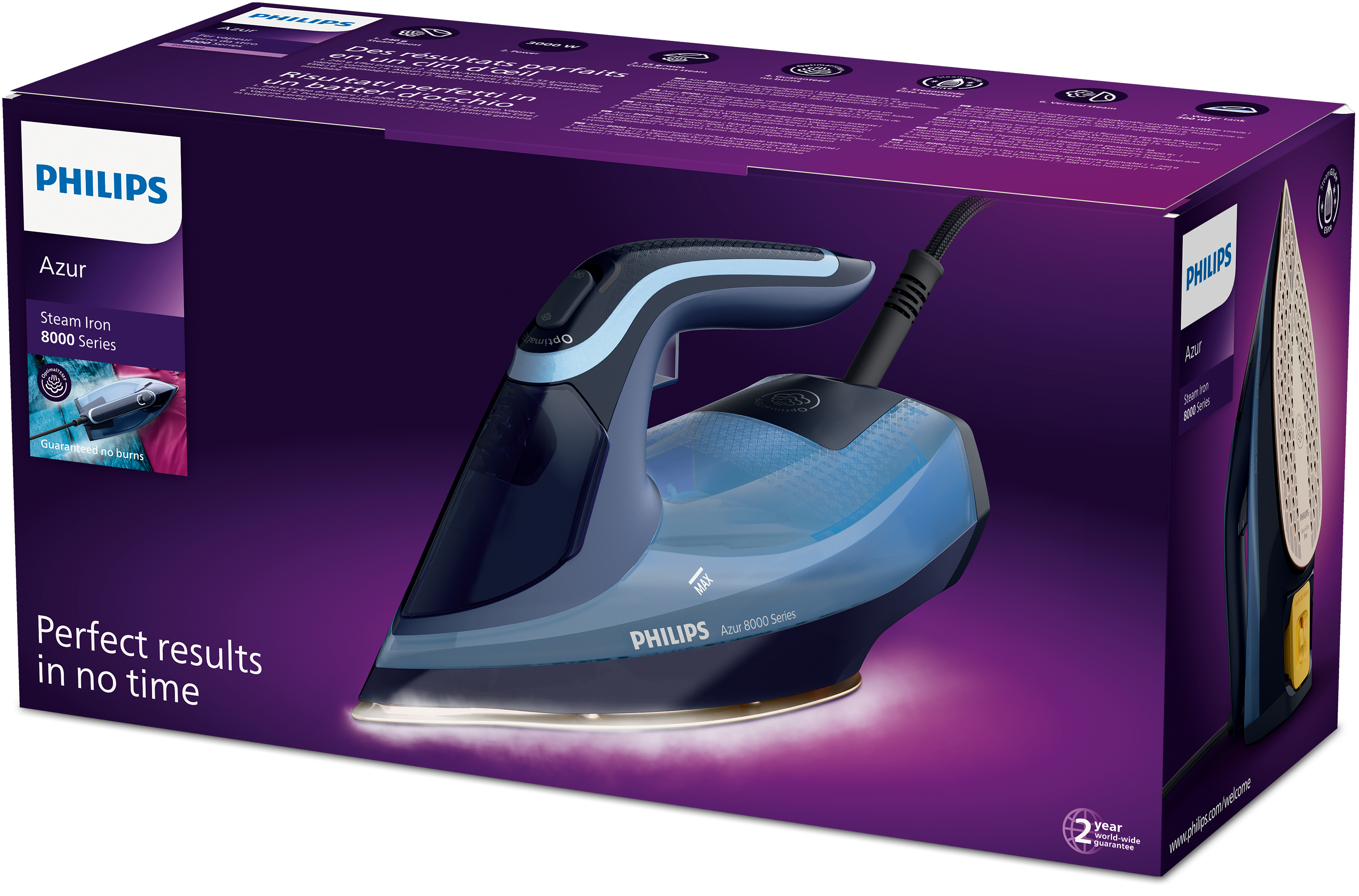 Una caja de plancha Philips Azur. La plancha es azul y negra, y la caja muestra el producto.