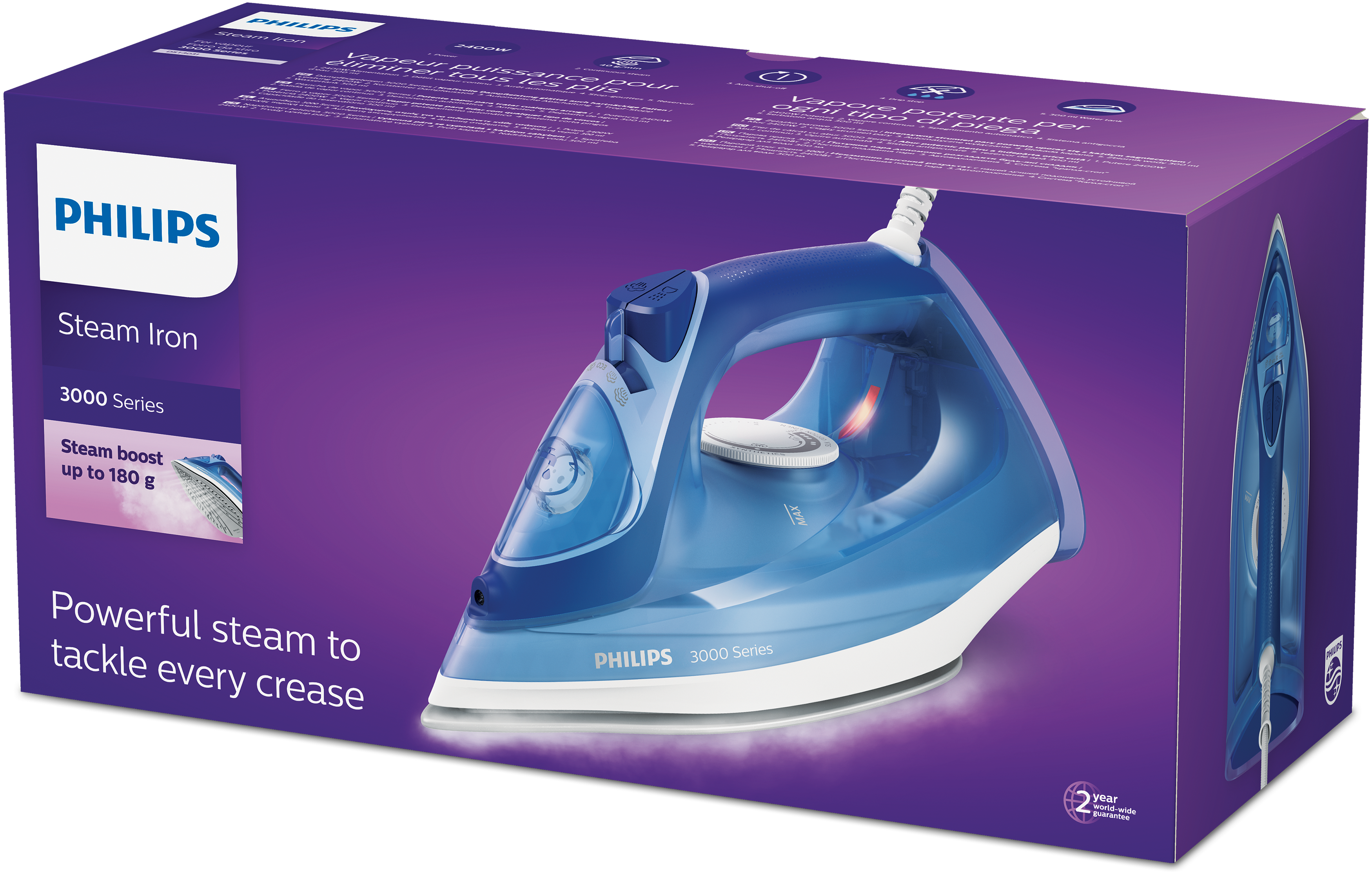 Una plancha de vapor Philips en su caja. La plancha es azul y blanca, con fondo morado.
