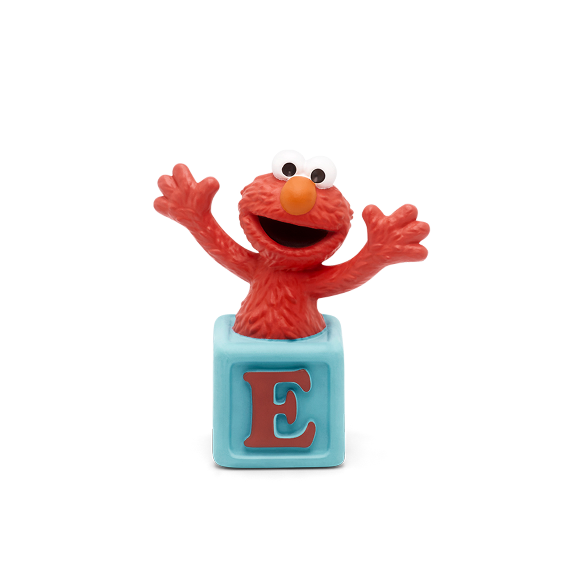 Elmo-Spielzeugfigur in einem blauen Block mit dem Buchstaben E.