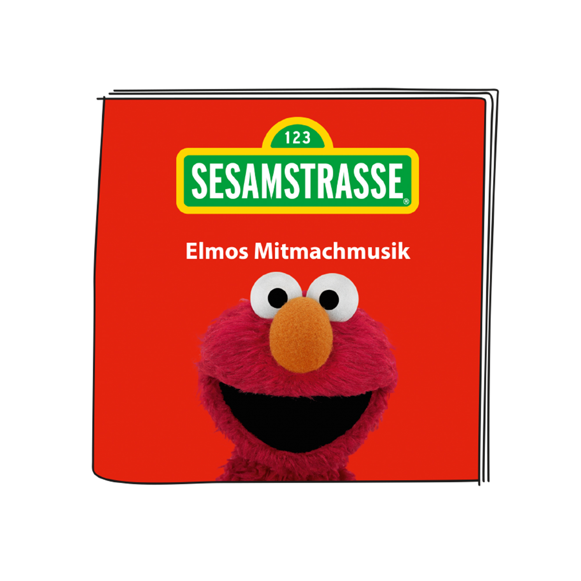 Buchcover mit Elmo aus der Sesamstraße auf rotem Hintergrund.