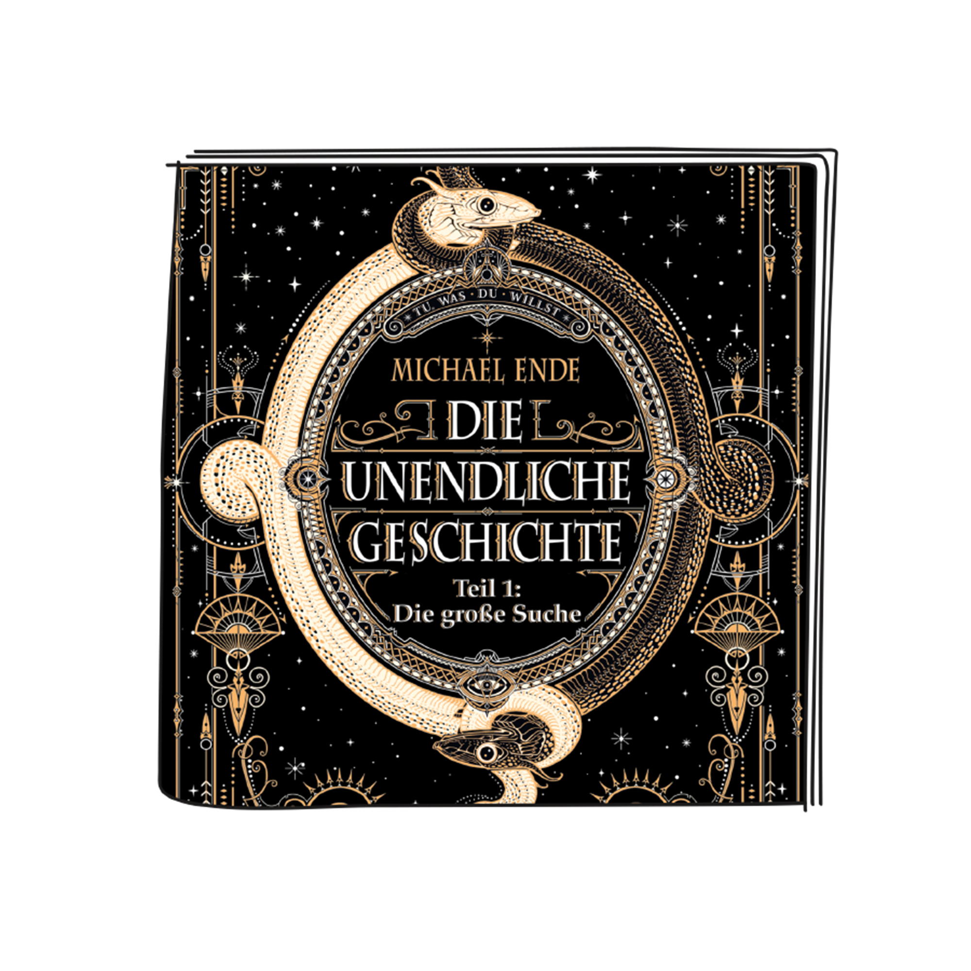 Ein Buchumschlag mit schwarzem Hintergrund. Zwei Schlangen bilden einen Kreis um den Titel.