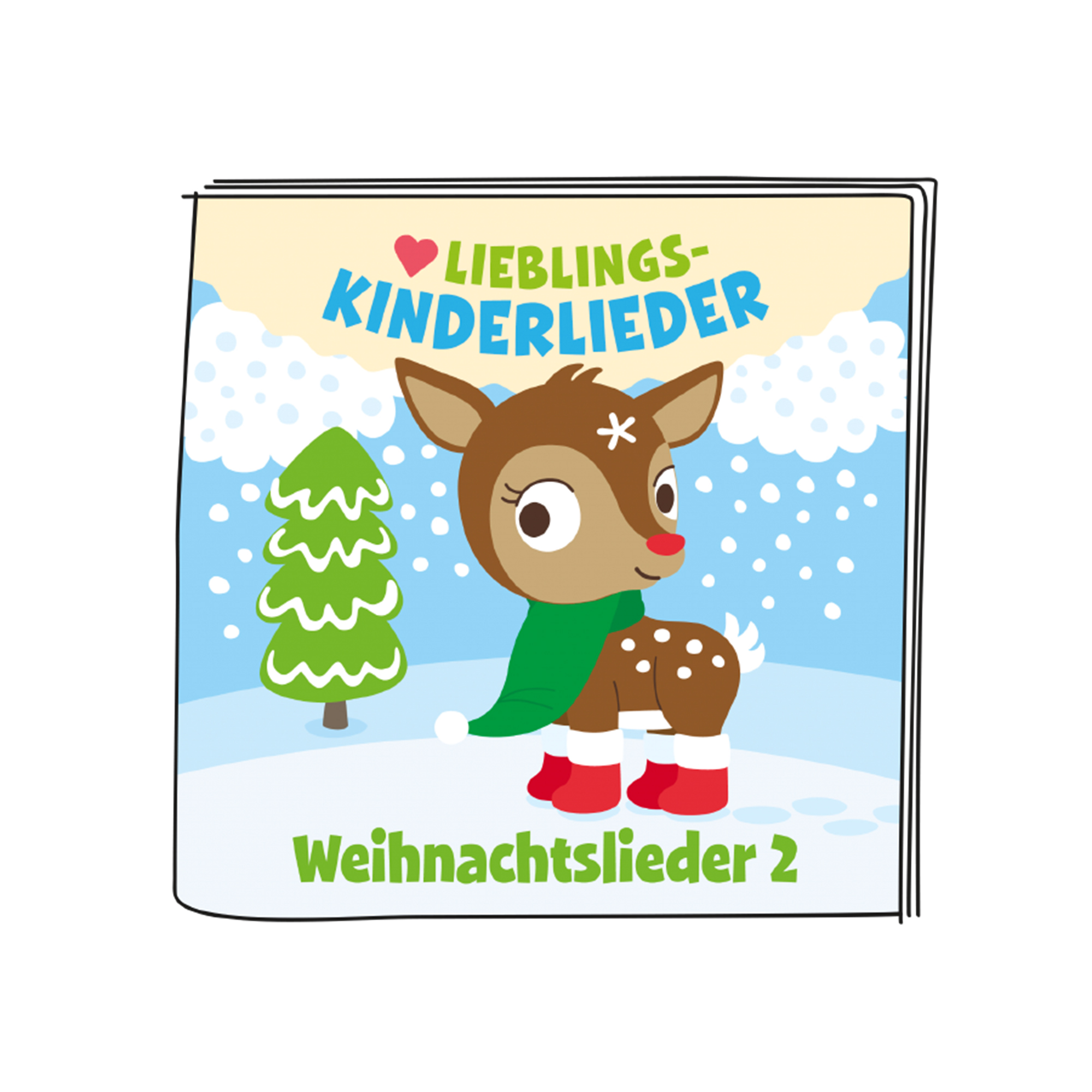 Weihnachtsbuchcover mit Rentier mit Schal. Schnee und Baum auf blauem Hintergrund.
