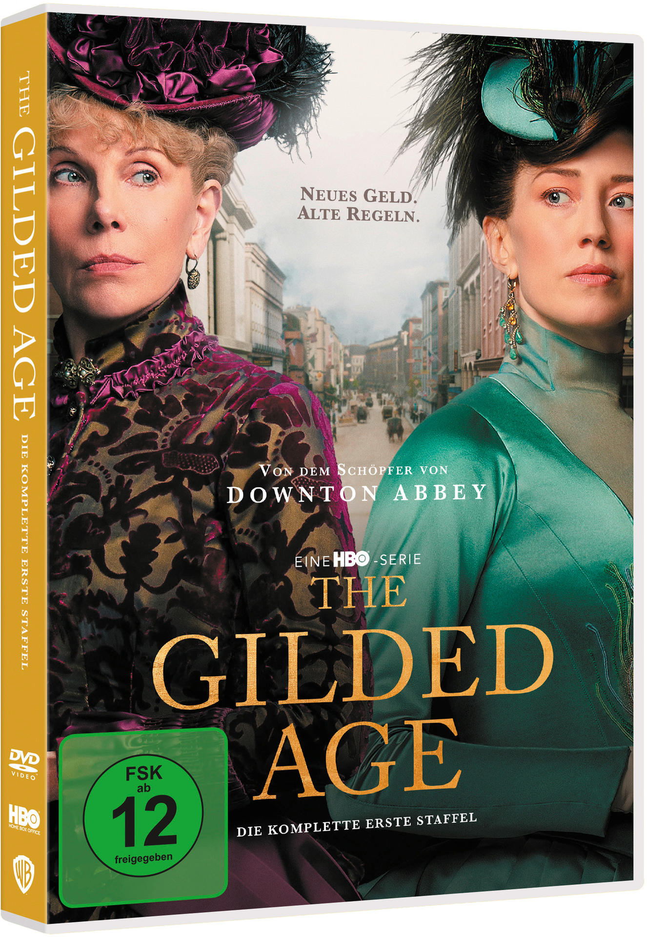 DVD-Cover für 'The Gilded Age' mit zwei Frauen, Text und dem HBO-Logo.