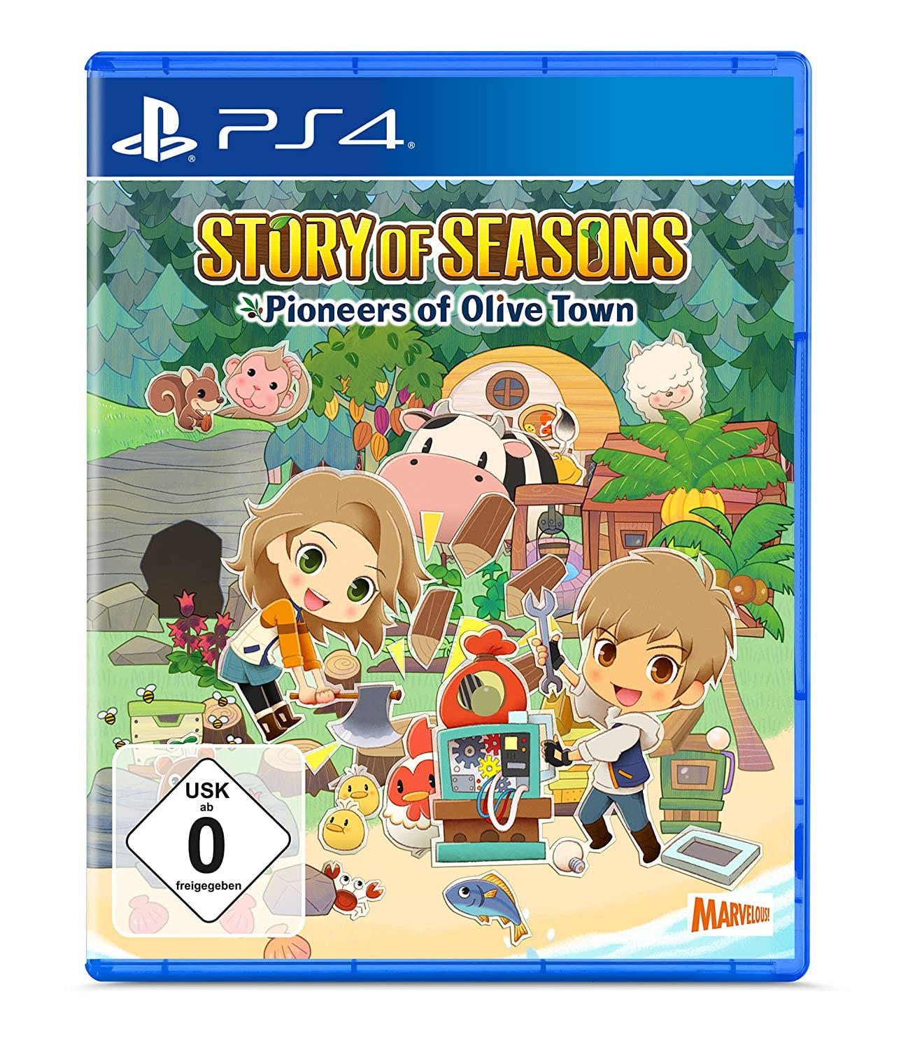 PS4-Spielcover von Story of Seasons: Pioneers of Olive Town, mit Anime-Charakteren und Bauernhofszene.
