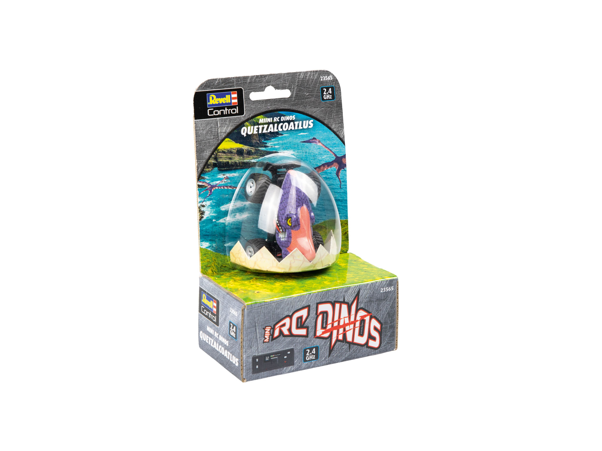 Spielzeug-Dinosaurier Quetzalcoatlus in einem Plastikei, auf einer Box.