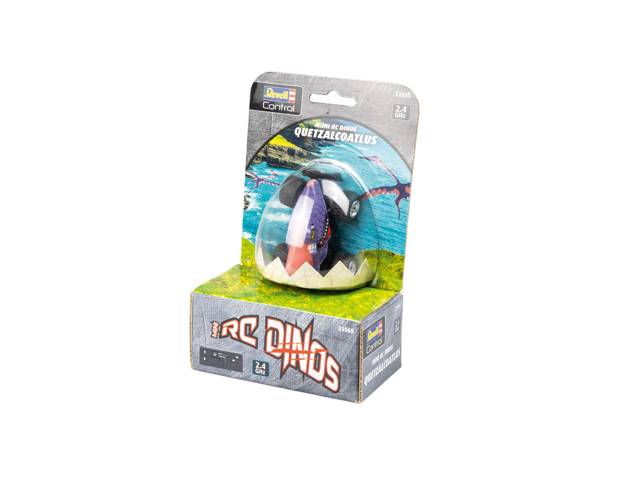 Spielzeug-Dinosaurier in Plastikverpackung, mit Markenzeichen, auf weißem Hintergrund.