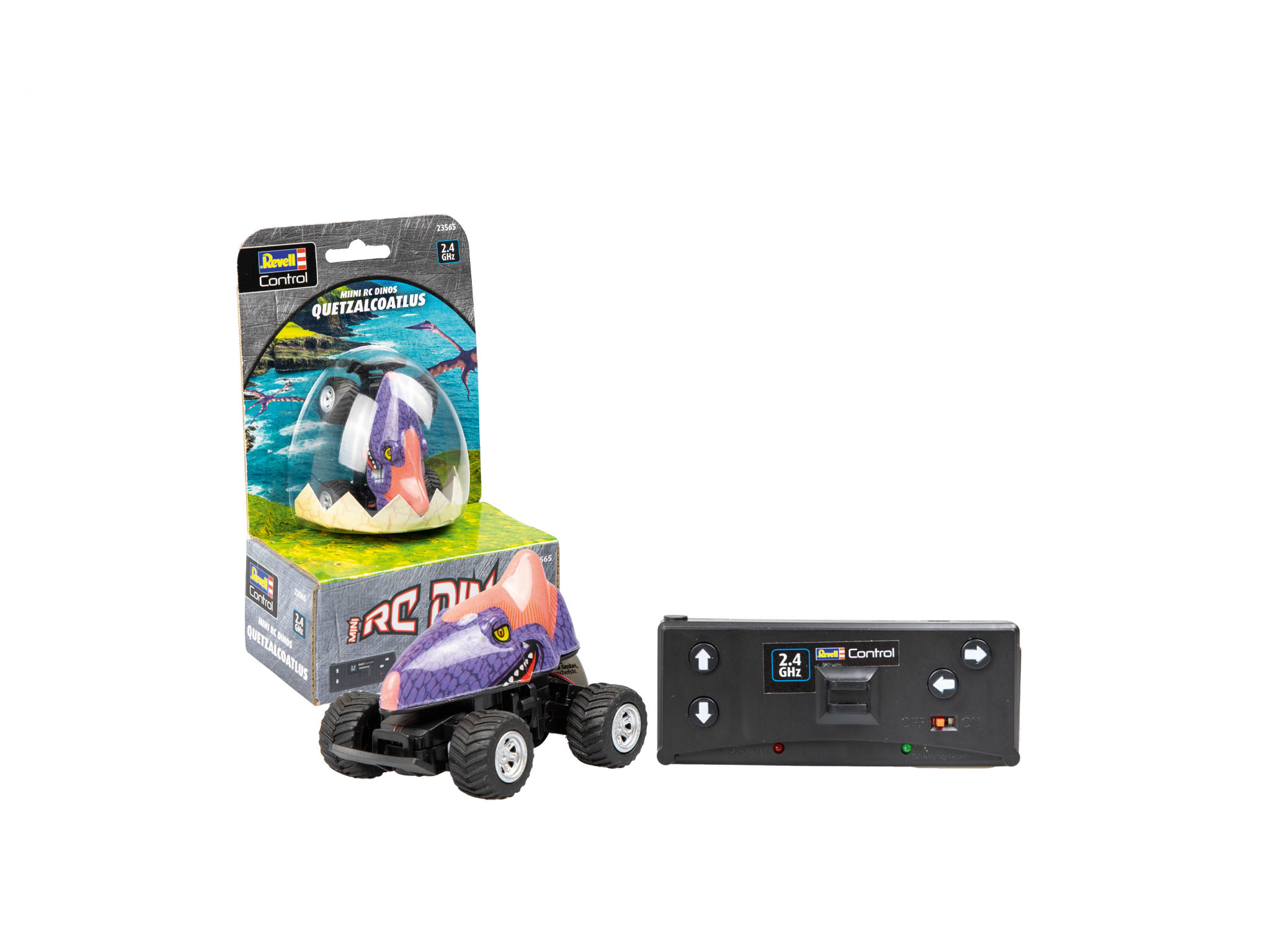 Ein Spielzeug-Dinosaurier-Auto und eine Fernbedienung, mit einer Verpackung.