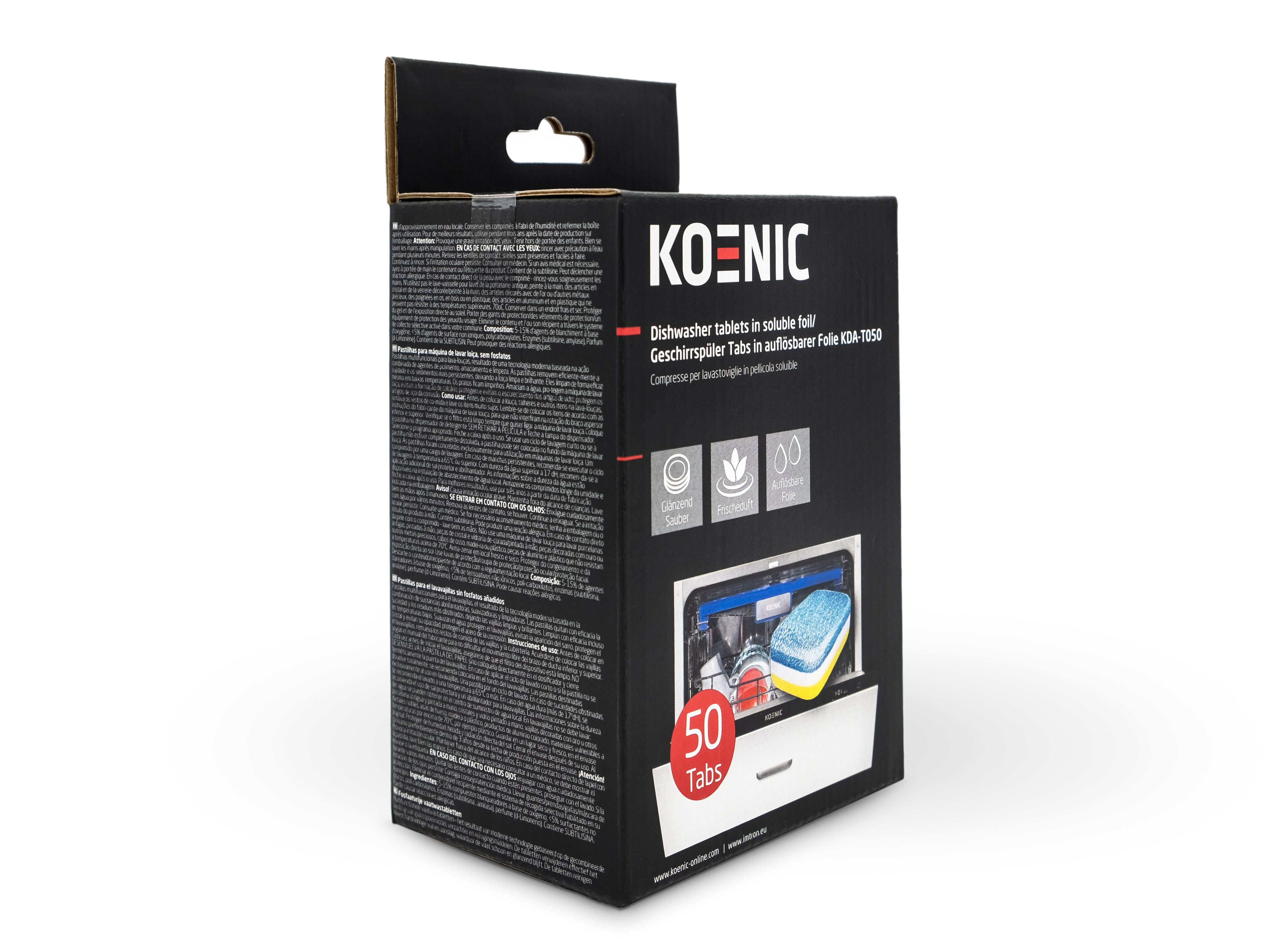 Schachtel mit Geschirrspültabs, Text, Geschirrspüler-Bild und 50 Tabs.