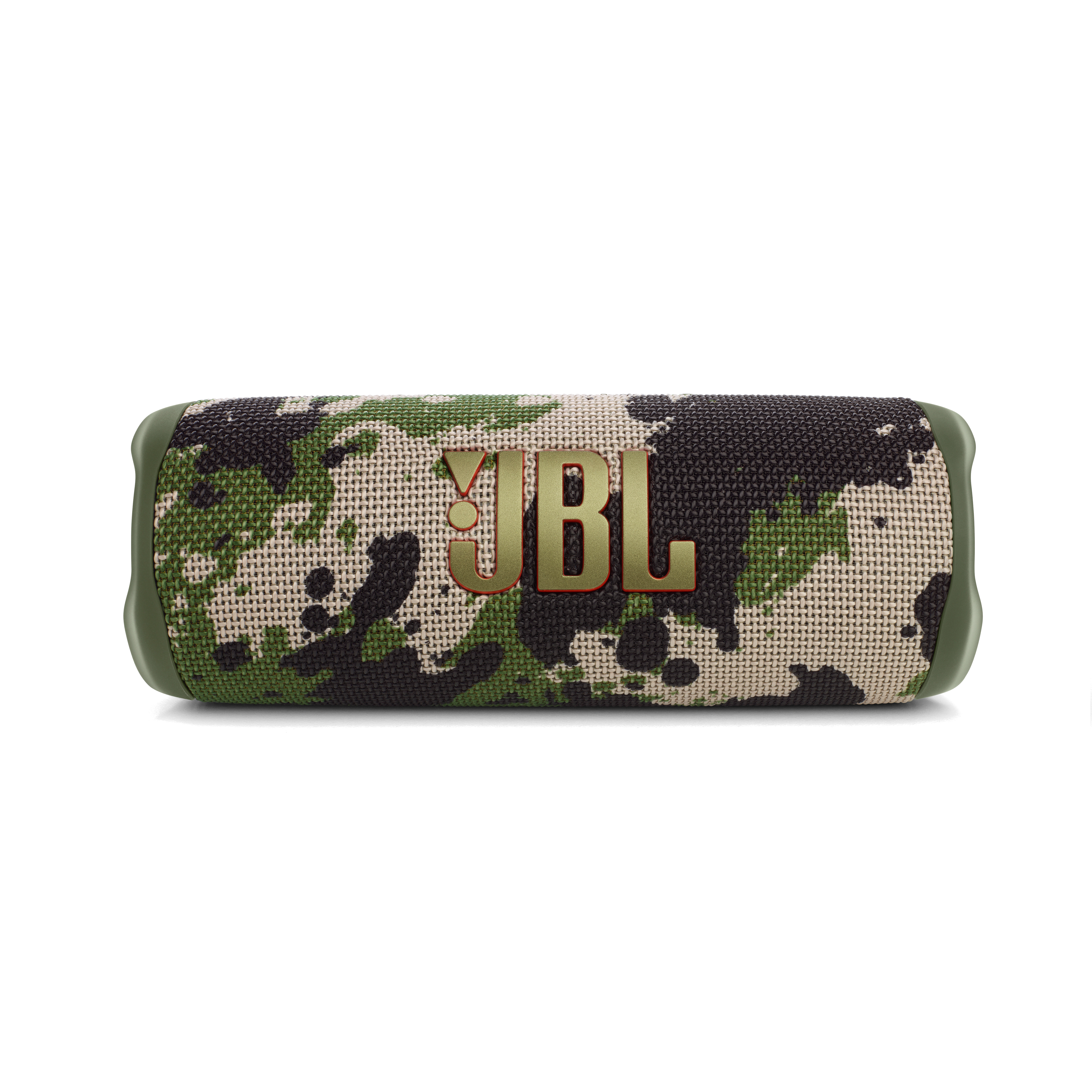 Kamuflaj desenli JBL taşınabilir hoparlör, yan görünüm.