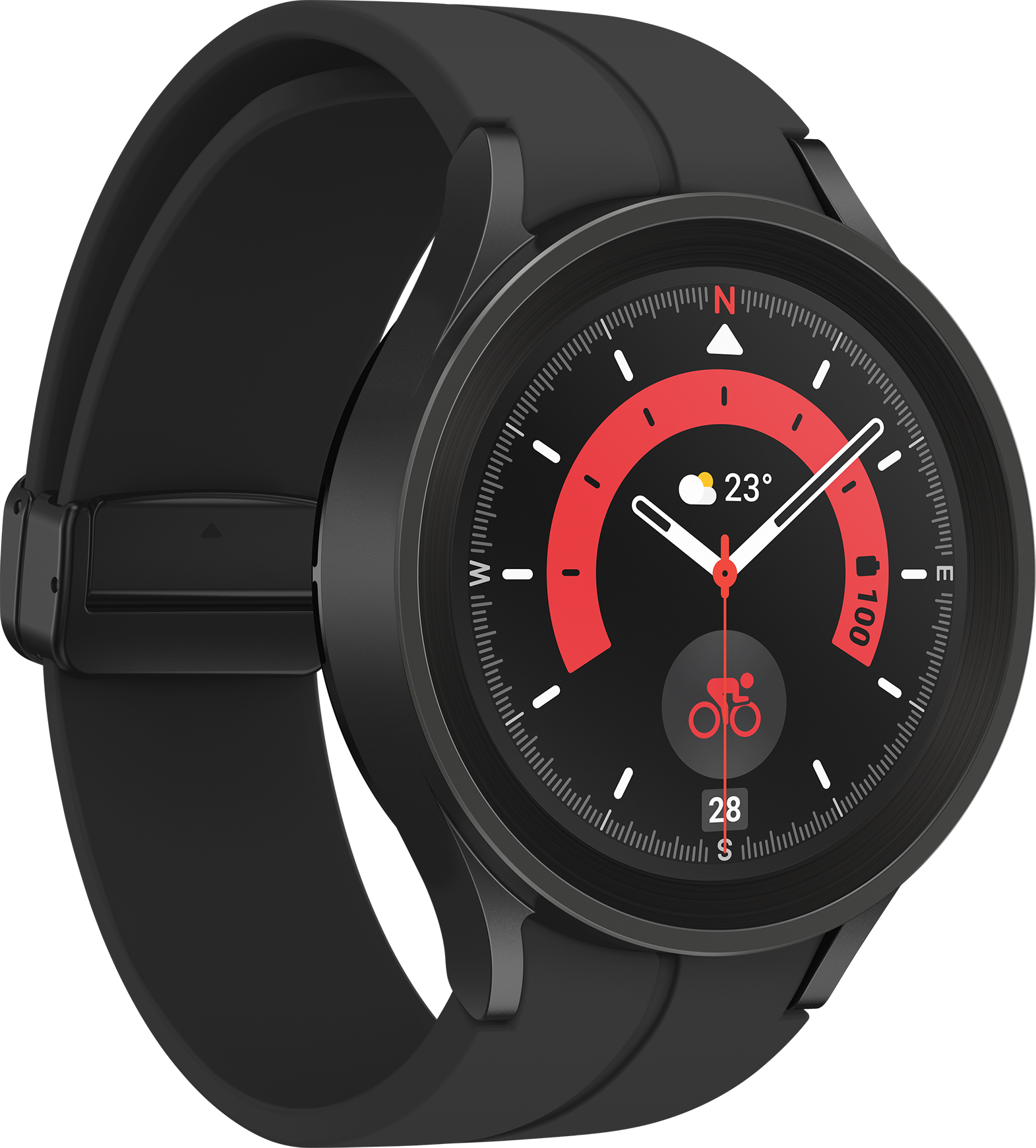 Schwarze Smartwatch mit rundem Display auf schwarzem Hintergrund.