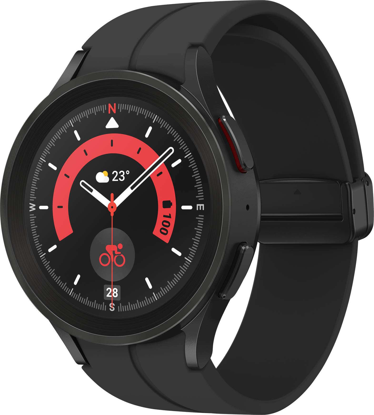Schwarze Smartwatch, rote Akzente, mit digitalem Display.