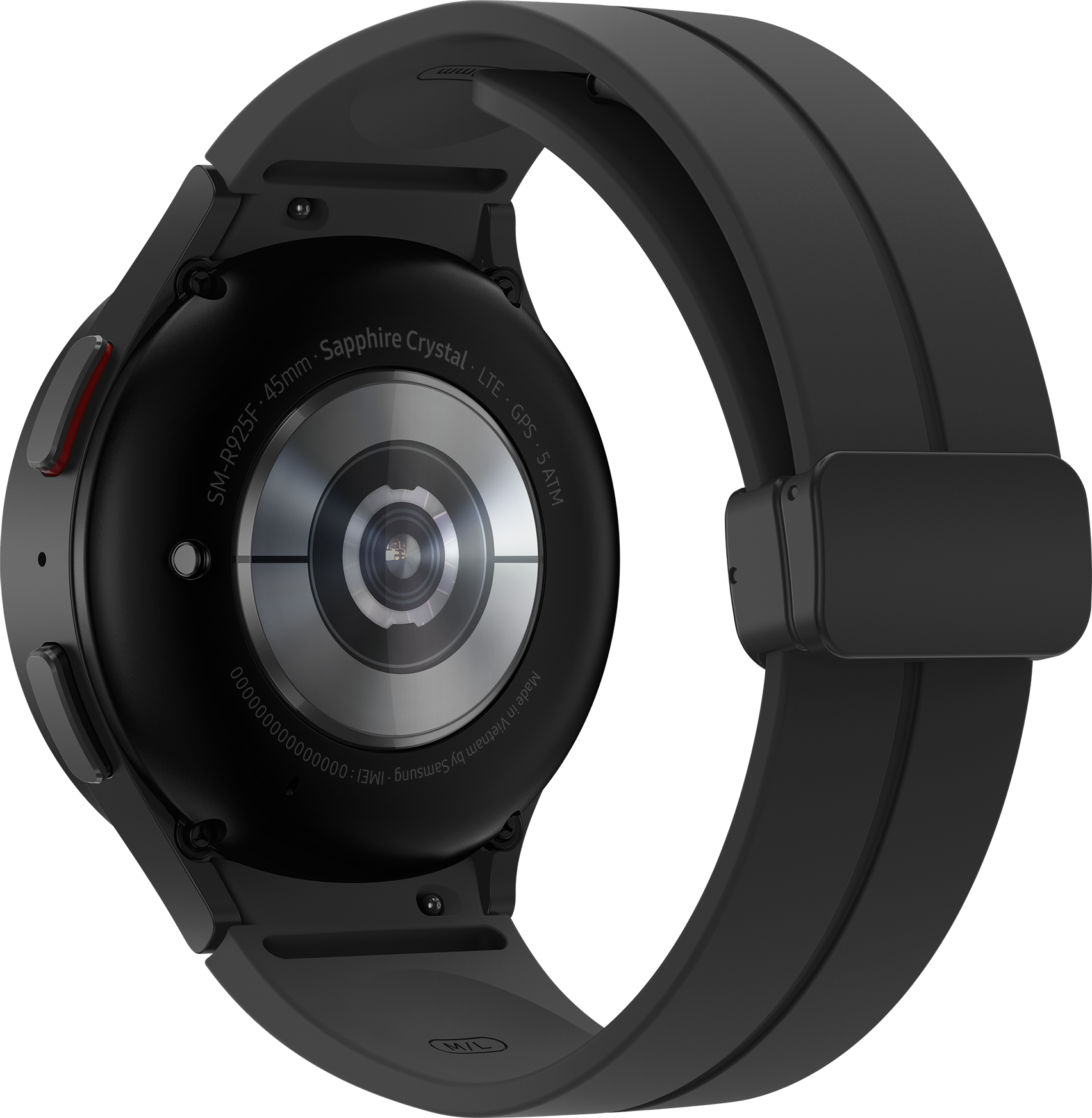 Die Rückseite einer schwarzen Smartwatch mit schwarzem Armband, mit Sensoren und einem Samsung-Logo.