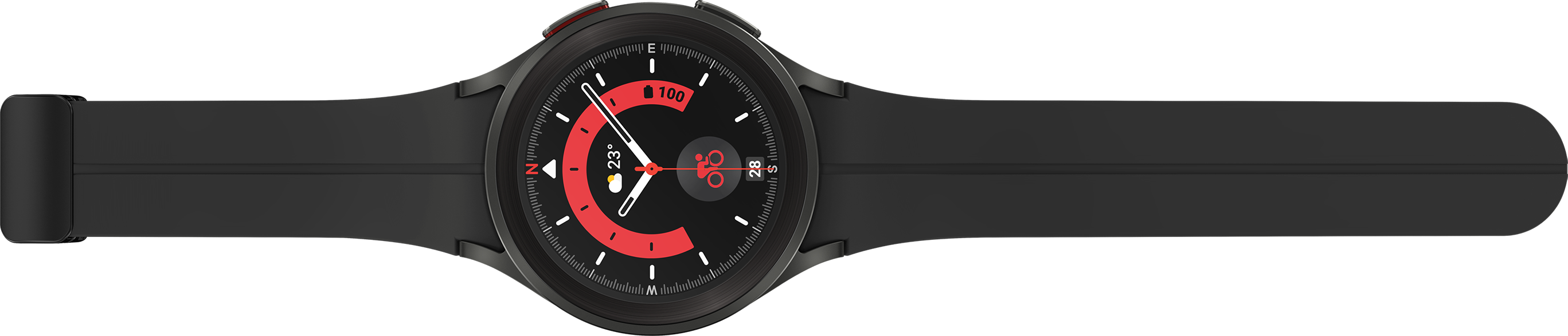 Schwarze Smartwatch mit rundem Zifferblatt und schwarzem Armband. Die Uhr zeigt Zeit und Akkulaufzeit.