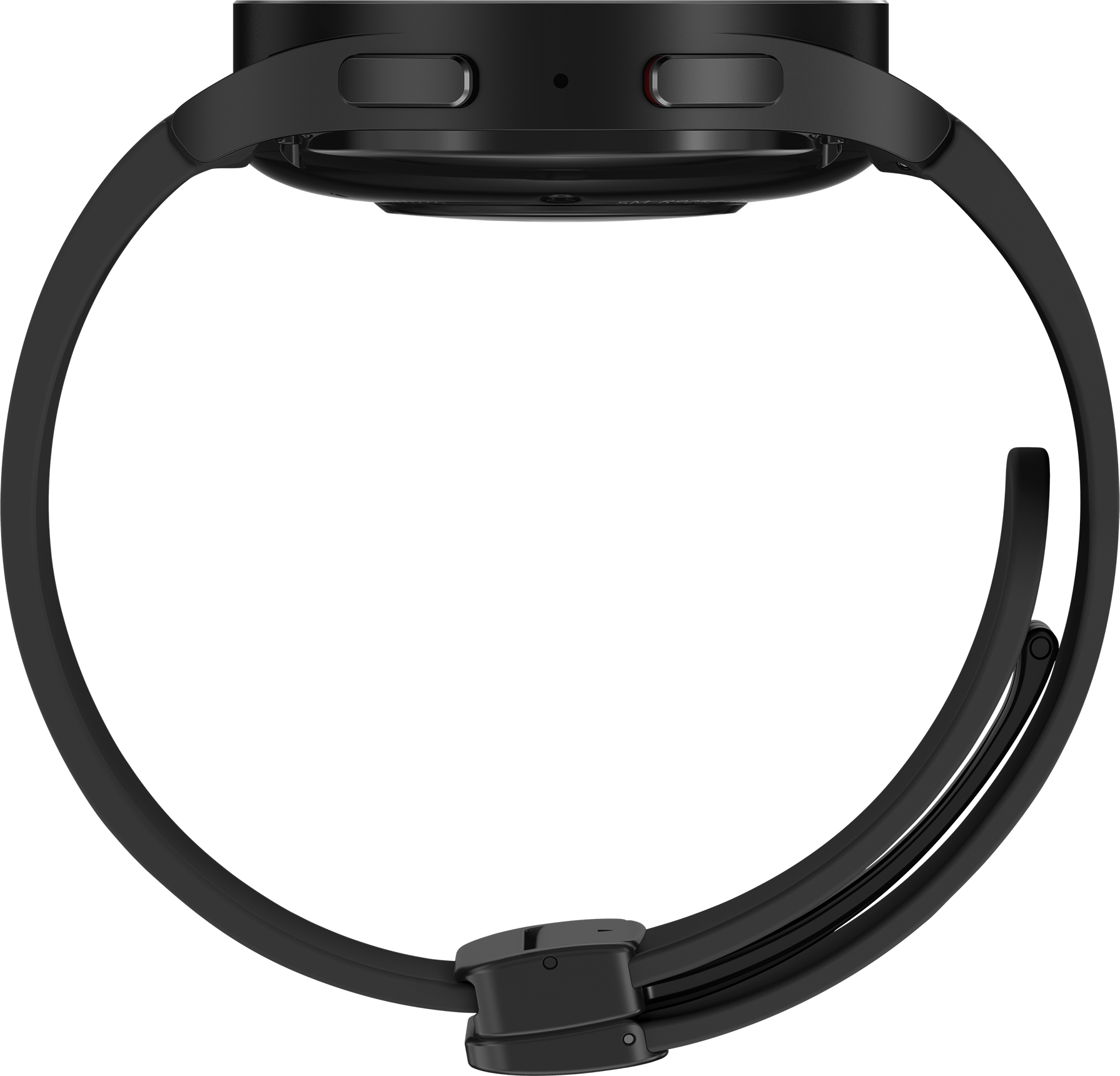 Eine schwarze Smartwatch mit schwarzem Armband, von der Seite und von oben gezeigt.