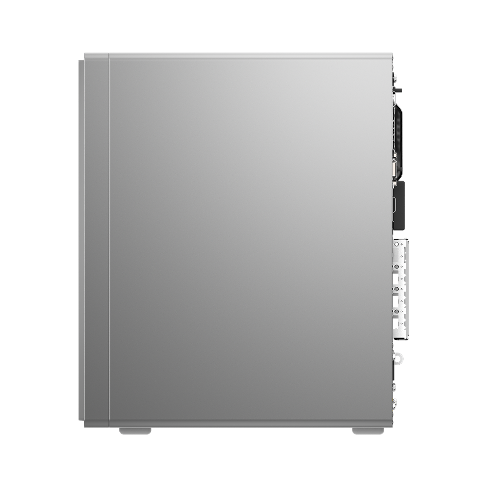 Ordenador de sobremesa Lenovo plateado, vista lateral, sobre fondo negro.