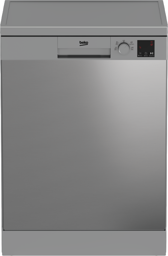 Lave-vaisselle Beko argenté. Panneau de contrôle en haut à droite, porte fermée.