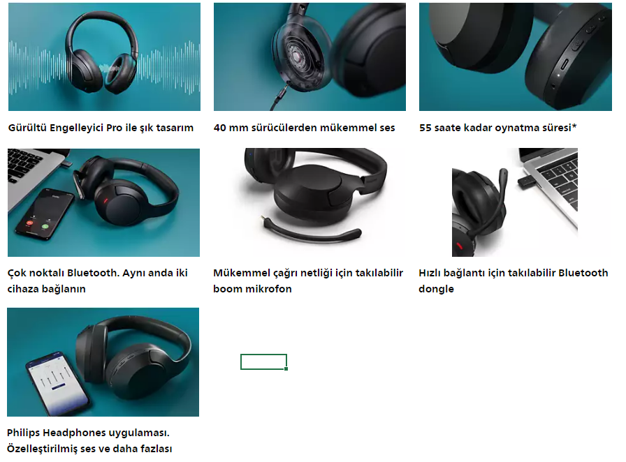 Farklı modelleri ve kullanımda olan özellikleri gösteren Philips kulaklıkların kolajı.