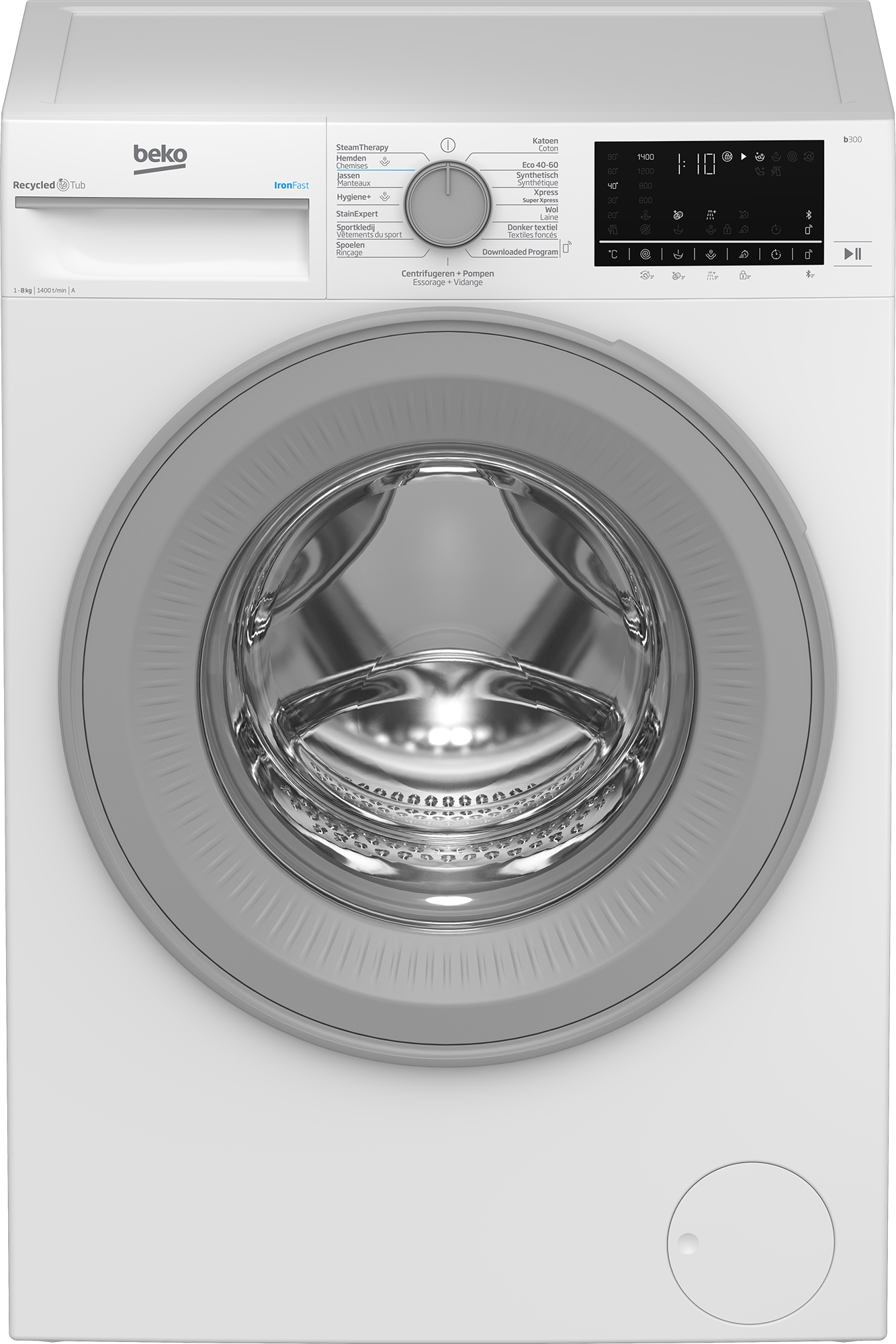 Witte wasmachine met een grijze deur. Hij heeft een bedieningspaneel en knoppen.