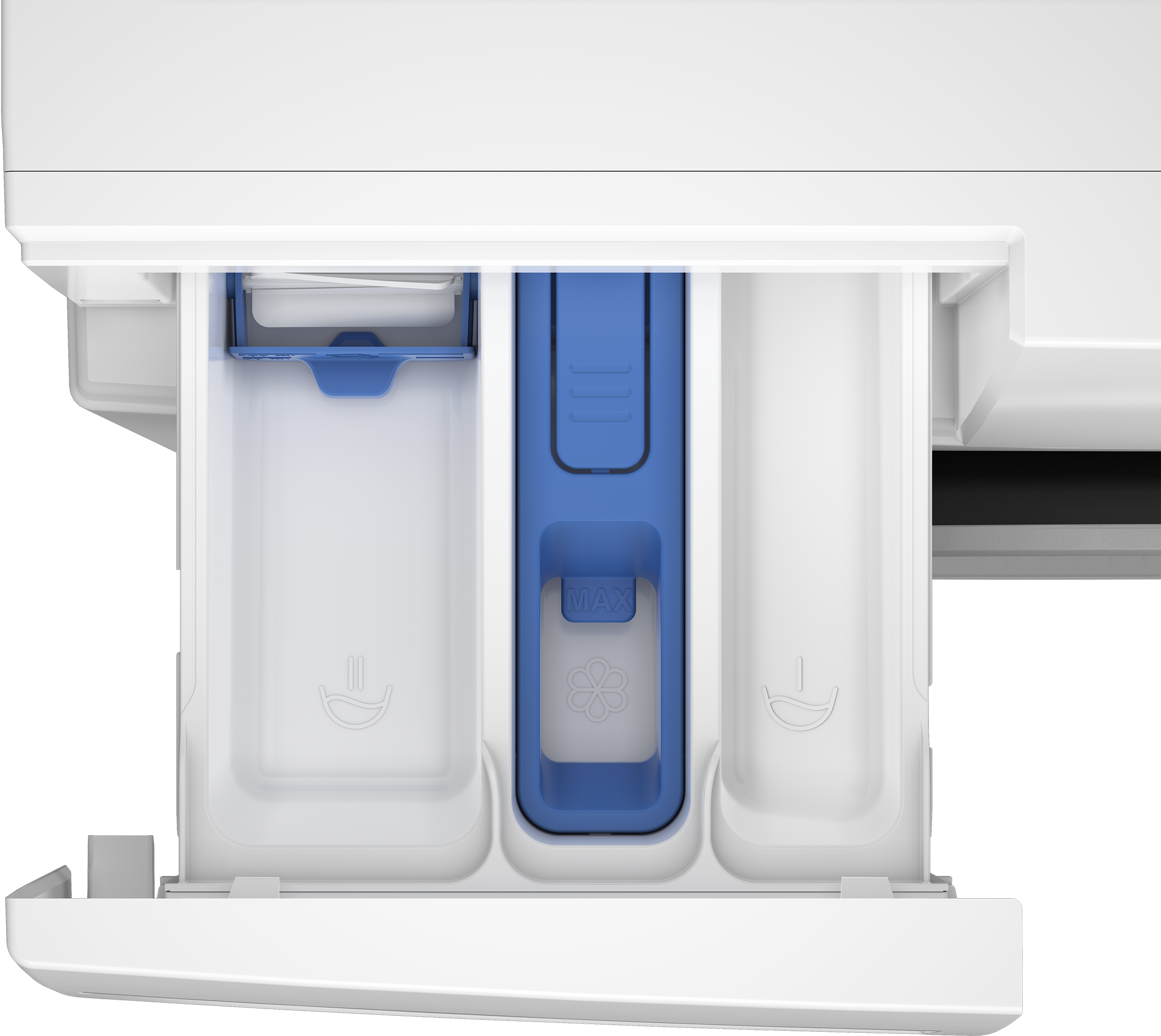 Wasmiddellade van een wasmachine met drie compartimenten, twee leeg en één blauw.