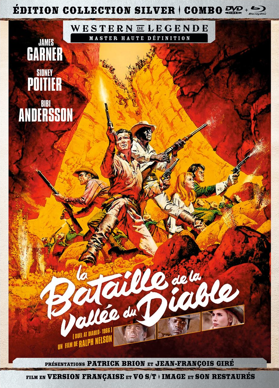 Filmposter: Mannen met geweren in een canyon. Titel: La Bataille de la Vallée du Diable. Tekst in het Frans.