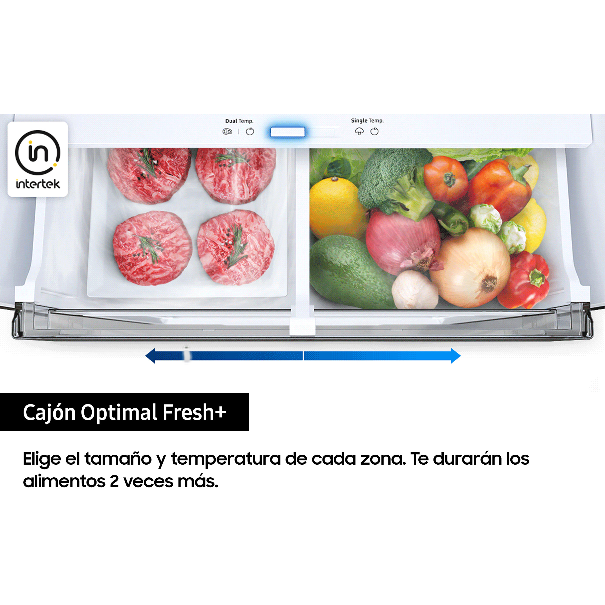 Un cajón de refrigerador con comida fresca adentro. El texto dice: Cajón Optimal Fresh+.