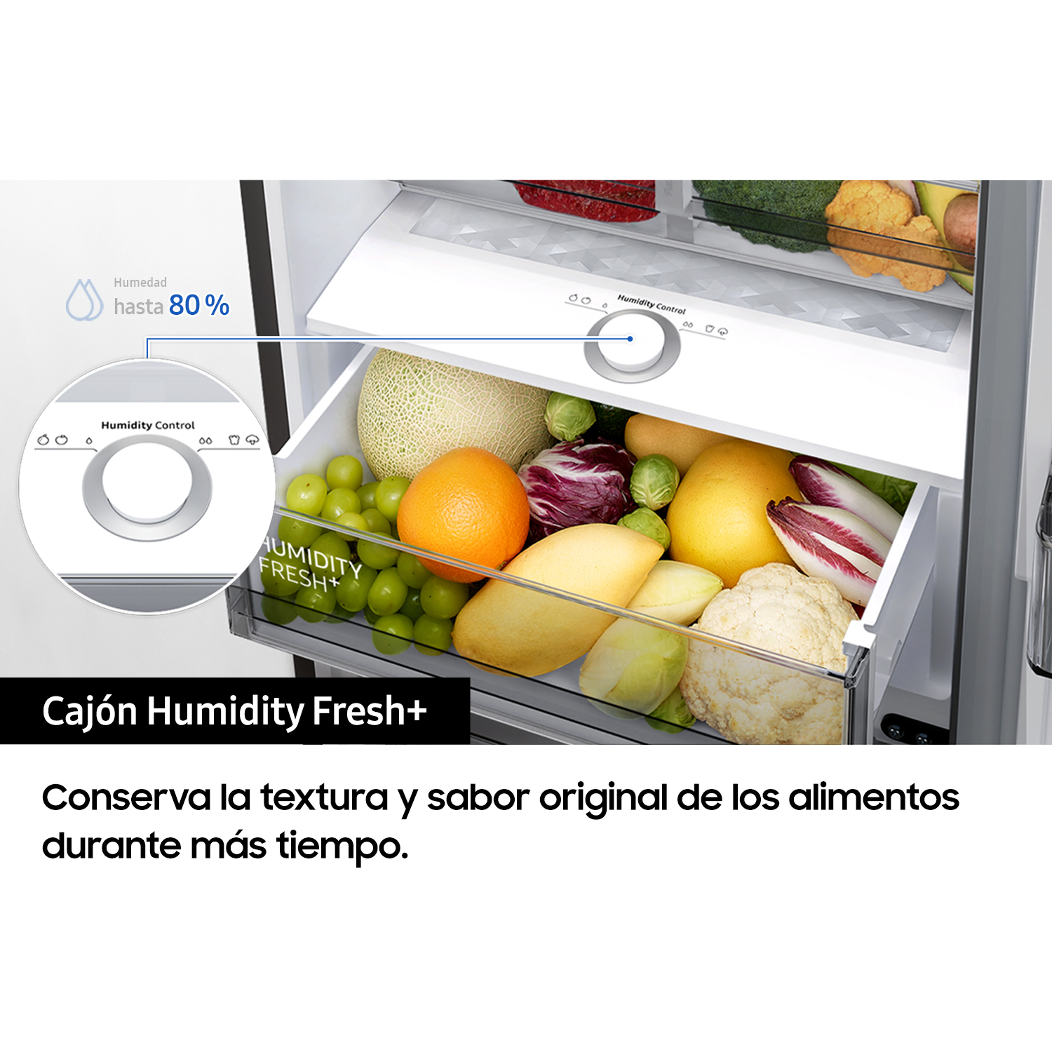 Cajón de refrigerador, con frutas y verduras, con un dial de control de humedad. Etiquetas de texto en español.