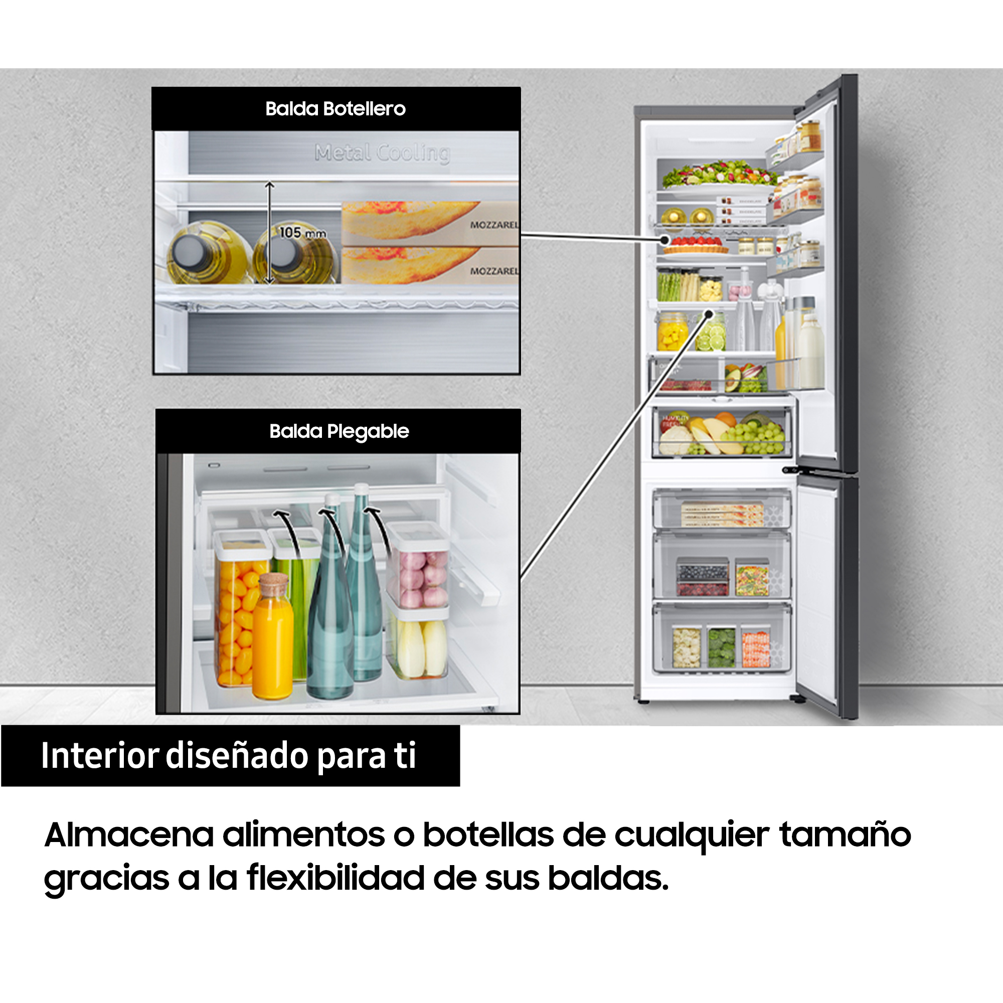 Interior de refrigerador abierto. Estantes con alimentos y botellas. Primeros planos muestran detalles de botellas y estantes.