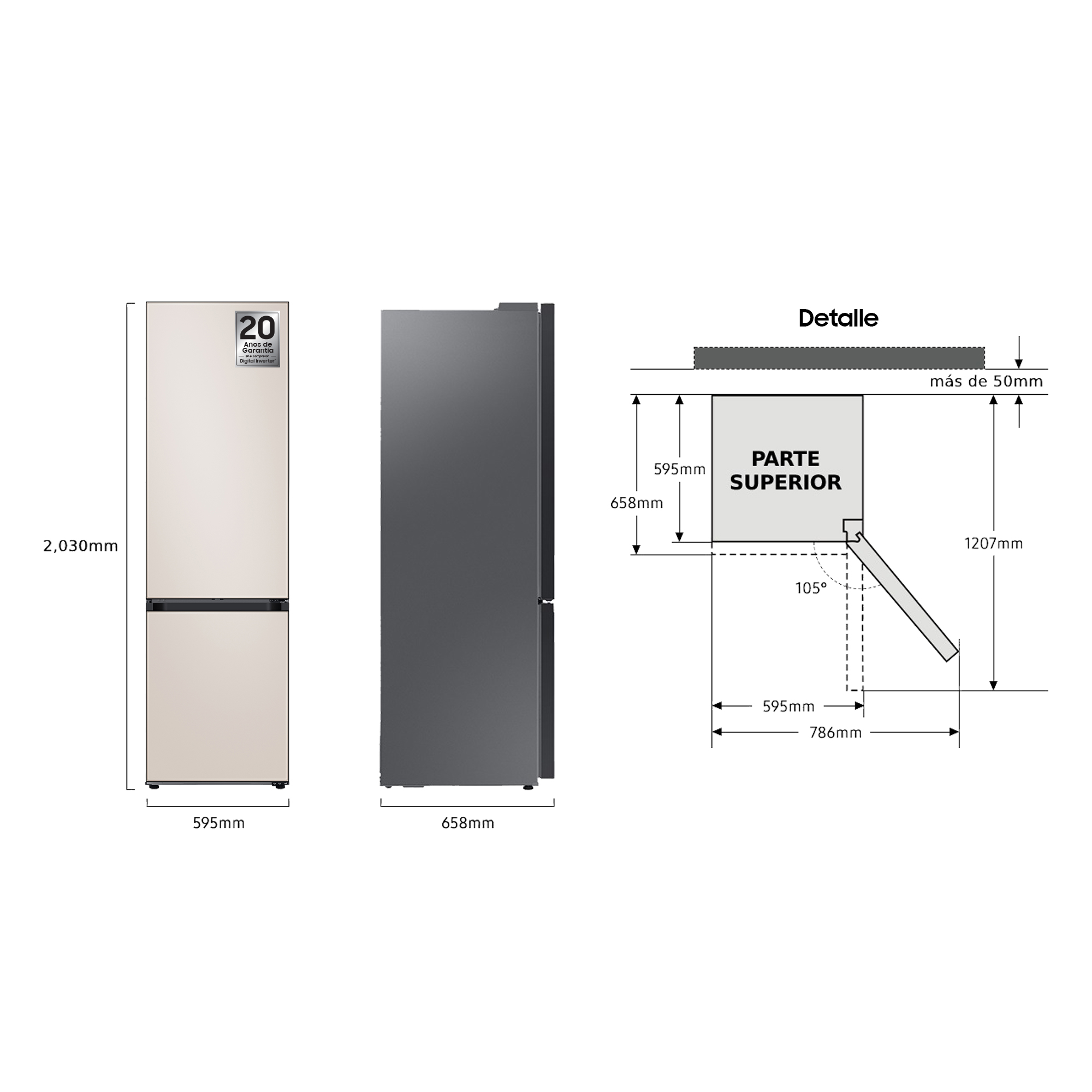 Diagrama de un refrigerador con dimensiones y detalles de la sección superior.