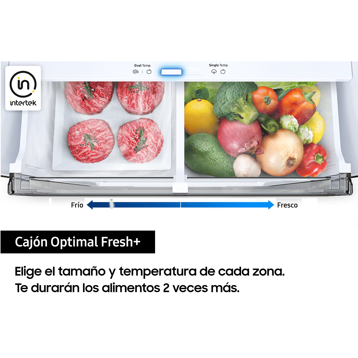 Interior de refrigerador con carne, frutas y verduras. Texto en español sobre frescura.