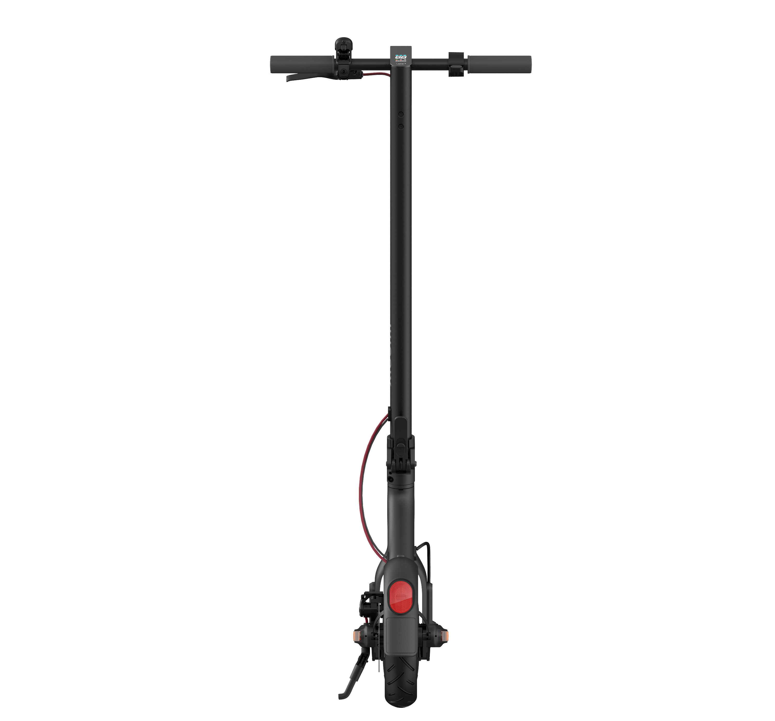 Schwarzer Elektroroller, von hinten betrachtet. Rotes Bremslicht, schwarze Räder, schwarzer Lenker.