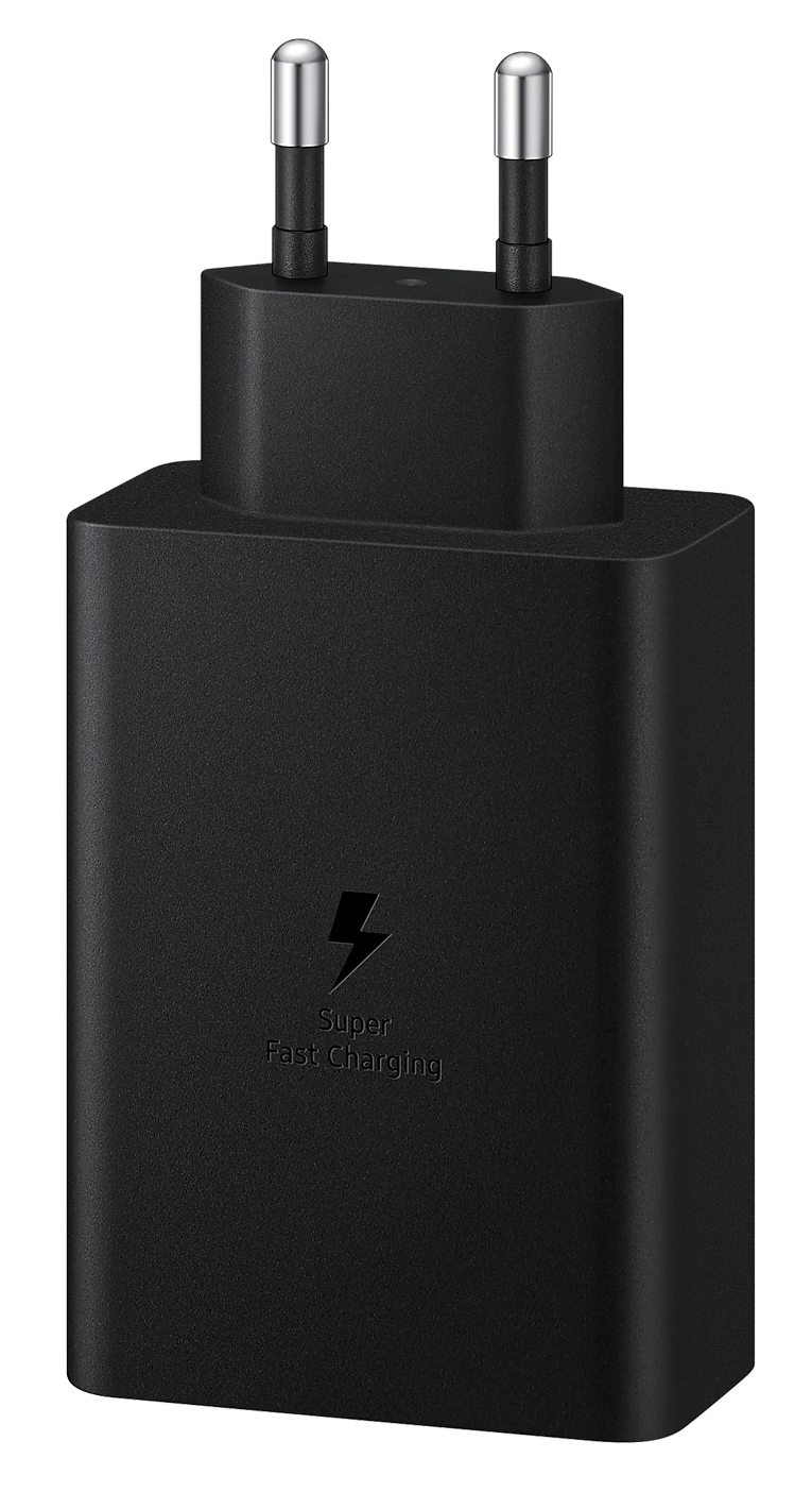 Fekete Samsung töltő villám ikonnal és Super Fast Charging felirattal az elején.
