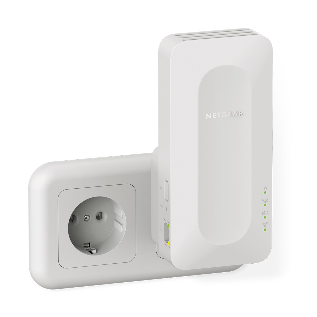 Weißer Netgear WLAN-Repeater, der in eine Steckdose gesteckt ist. Er hat eine Steckdose darunter.