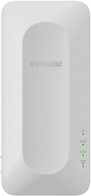 Weißes Gerät mit drei grünen Lichtern. Netgear-Logo.