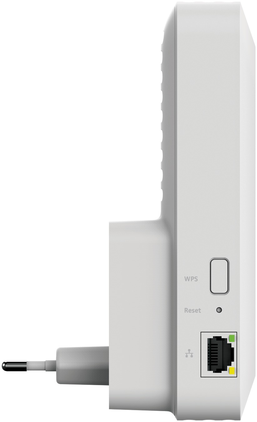 Weißer WLAN-Repeater mit Stecker, Knöpfen und Netzwerkanschluss.