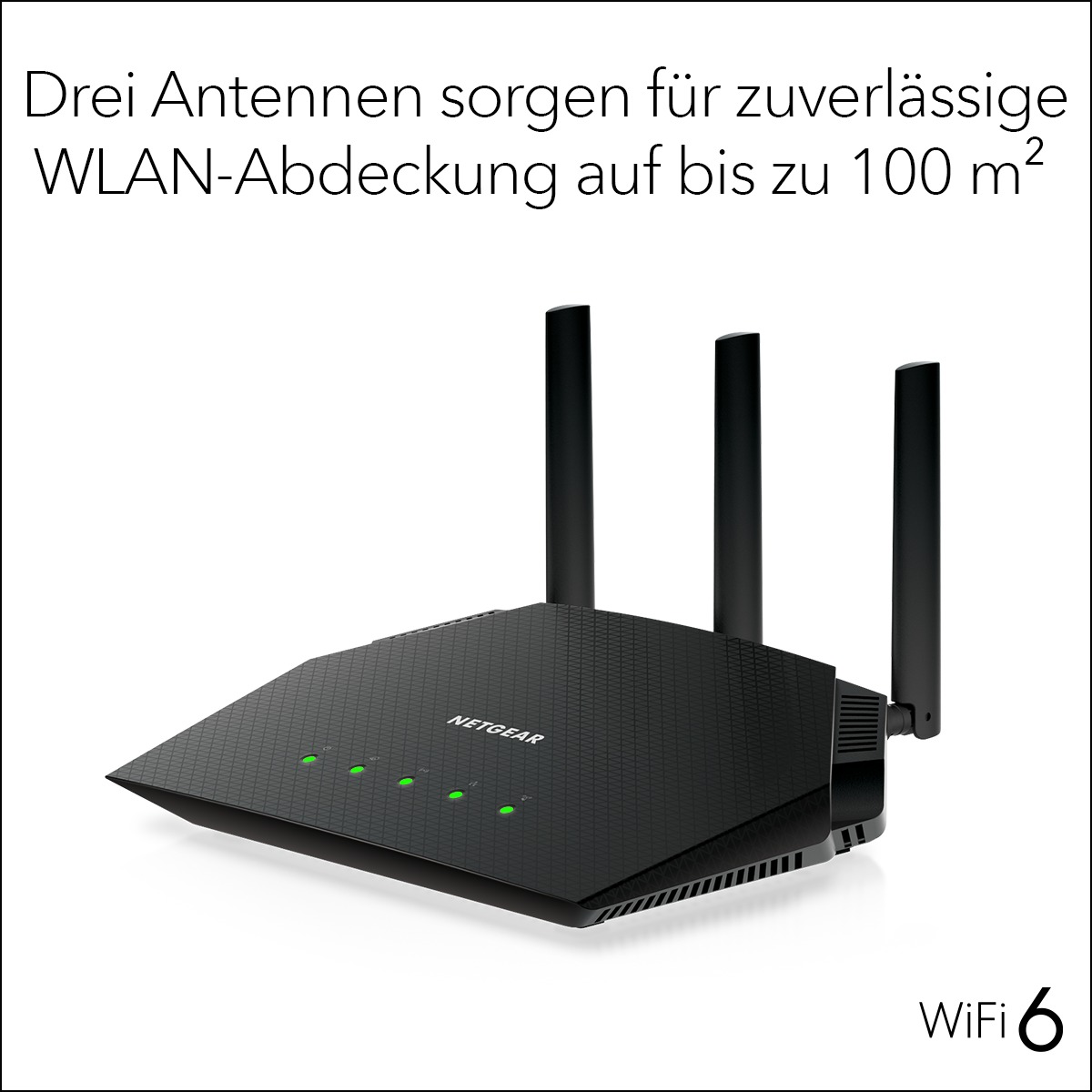 Schwarzer Router mit drei Antennen, auf weißer Oberfläche, mit WiFi 6 Logo.