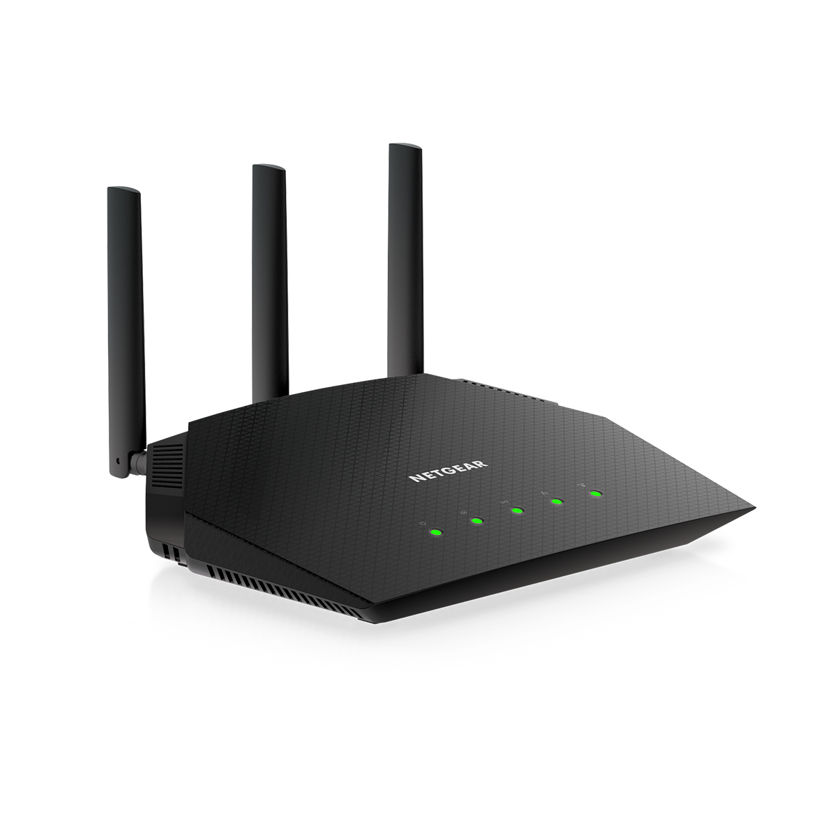 Ein schwarzer NETGEAR-Router mit drei Antennen und grünen LED-Leuchten auf weißem Hintergrund.